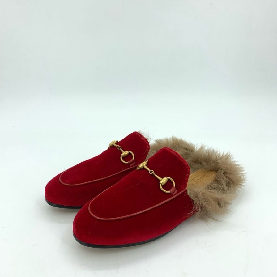 Gucci Gucci Womens Red Velvet & Fur Horsebit Mule Loafers Size 35 Size US 5 / IT 35 - 9 Thumbnail
