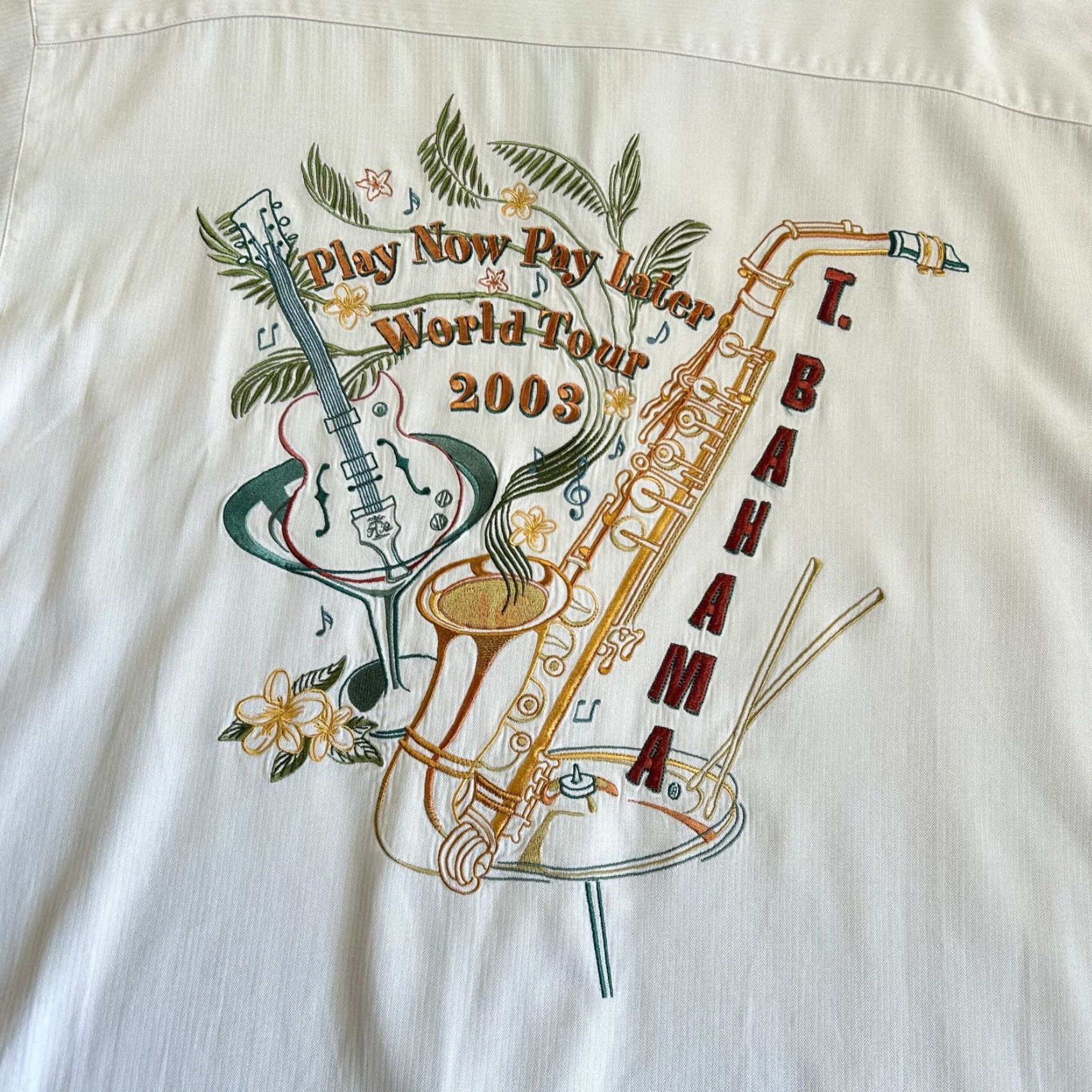 Tommy Bahama VINTAGE Tommy Bahama Silk Blend Shirt Camp XL Ivory Men XL Button-Up Collared Short Sleeve Travel Casual Graphic Print Tropical Hawaiian Music Size US XL / EU 56 / 4 - 7 Thumbnail