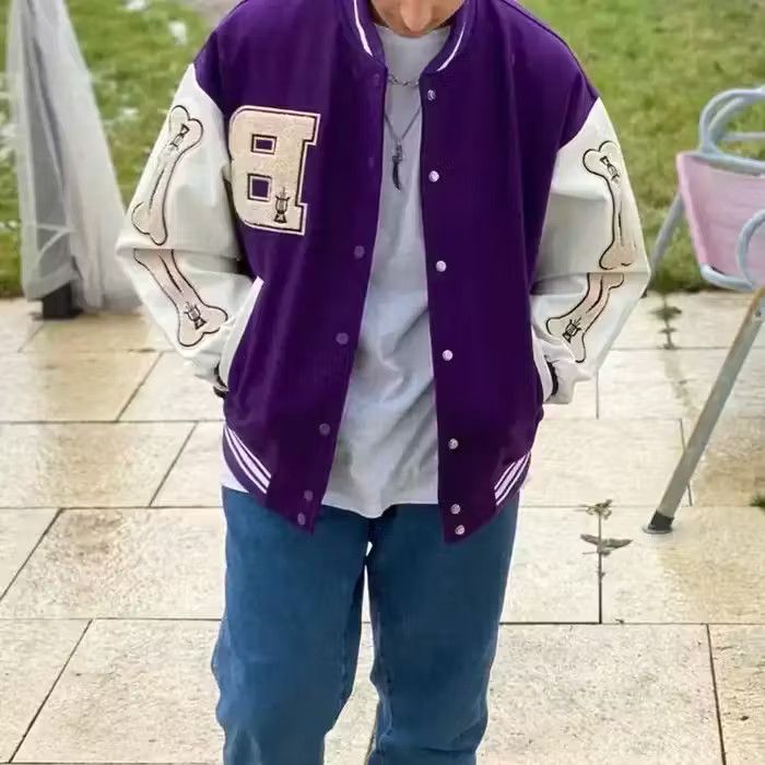 image of Skeleton Patchwork Embroidered Graphic Varsity Jacket in Purple, Men's (Size Large)