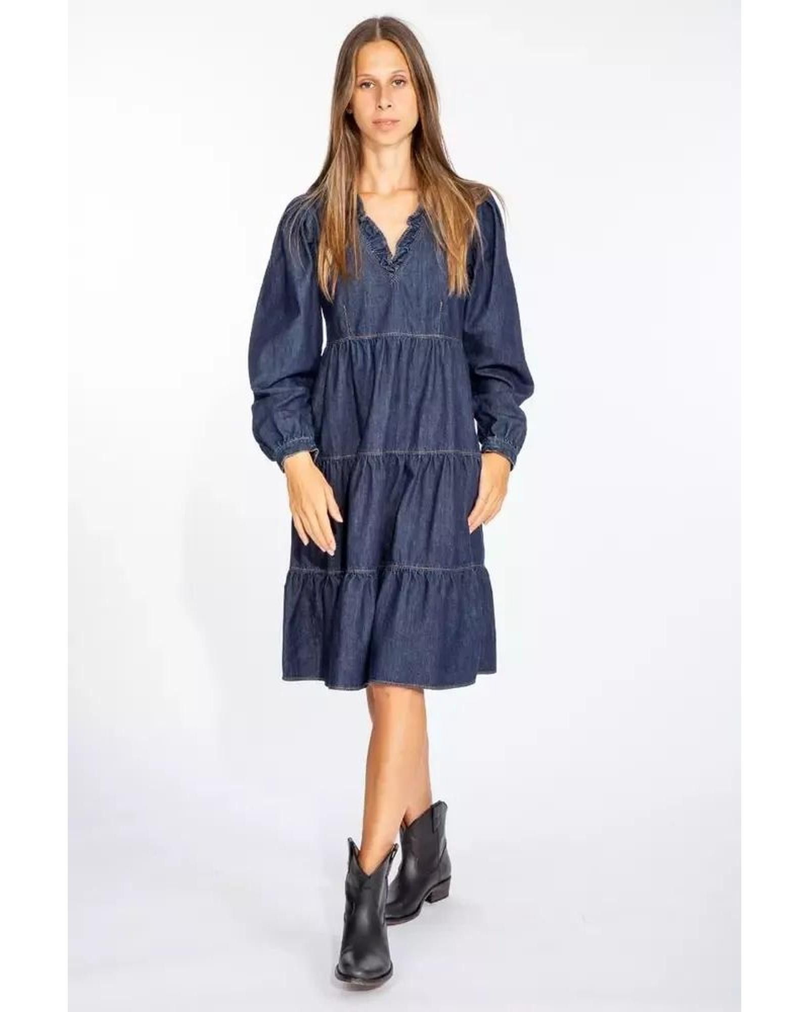 image of Moschino Flared Denim Dress With V-Neckline in Blue, Women's (Size Large)
