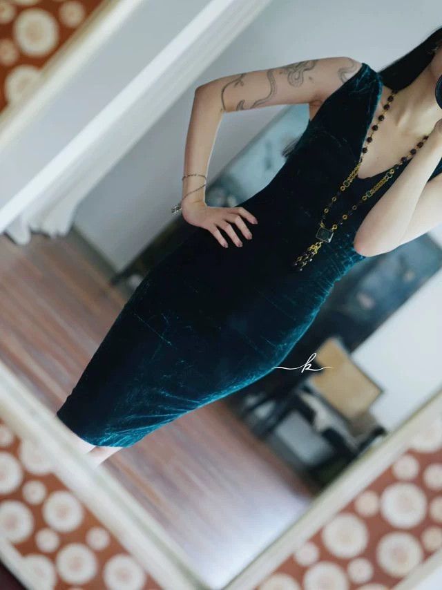 Jean Paul Gaultier JPG Vintage Blue Velvet Pleated Fitted Dress Size M / US 6-8 / IT 42-44 - 3 Thumbnail