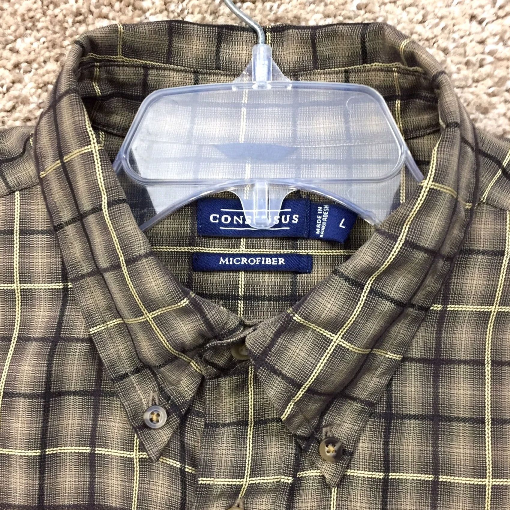 Vintage Consensus Shirt Mens Large Beige Black Plaid Long Sleeve Button Up Microfiber Size US L / EU 52-54 / 3 - 2 Thumbnail