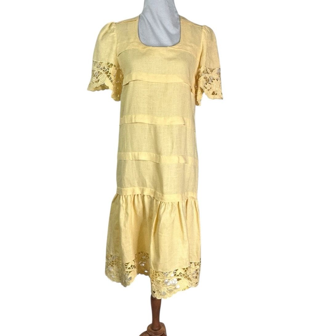 Vintage Vintage 80s Yellow Linen Floral Lace Cottagecore Dress M Size M / US 6-8 / IT 42-44 - 2 Thumbnail