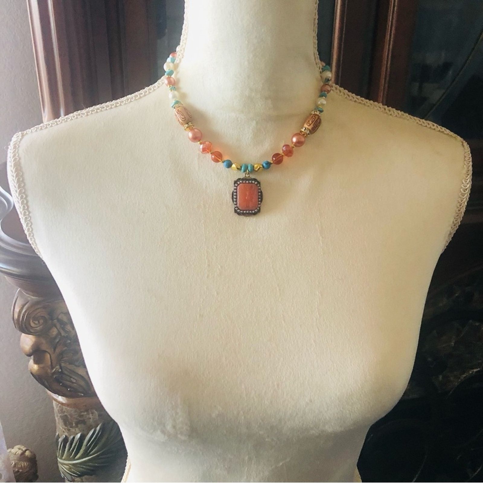 Handmade Handcrafted repurpose carved carnelian cameo necklace Size ONE SIZE - 4 Thumbnail