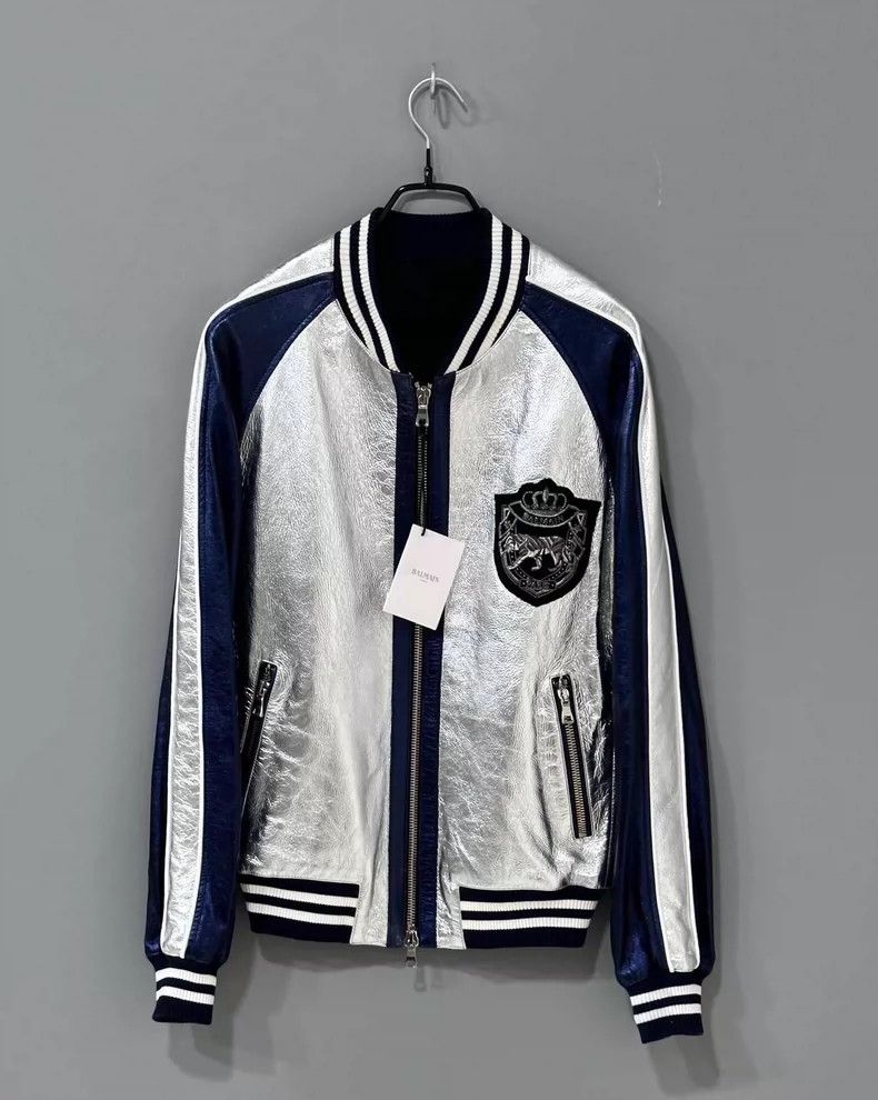 Balmain Silvery Bomber Jacket with Navy Accents Size US L / EU 52-54 / 3 - 1 Thumbnail
