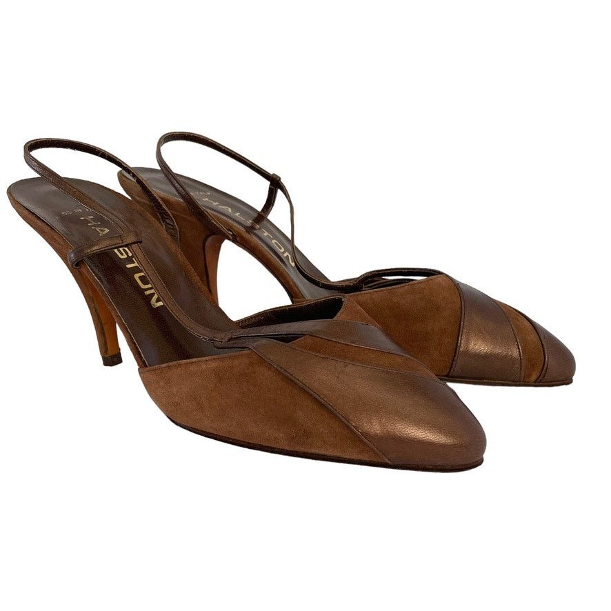 Halston × Vintage NWOT Halston Vintage Brown Suede Leather Slingback Heels Size US 7.5 / IT 37.5 - 1 Thumbnail