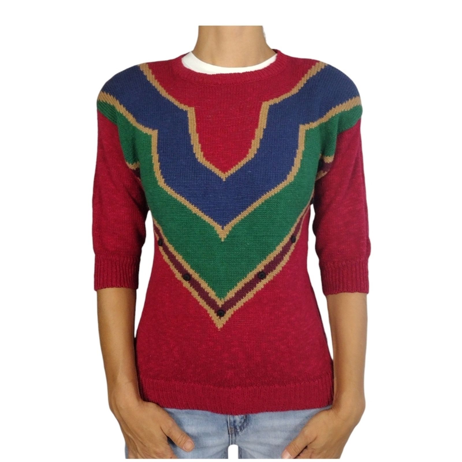 Vintage Vintage Round Neck Jewel Tone Sweater Size S / US 4 / IT 40 - 6 Thumbnail