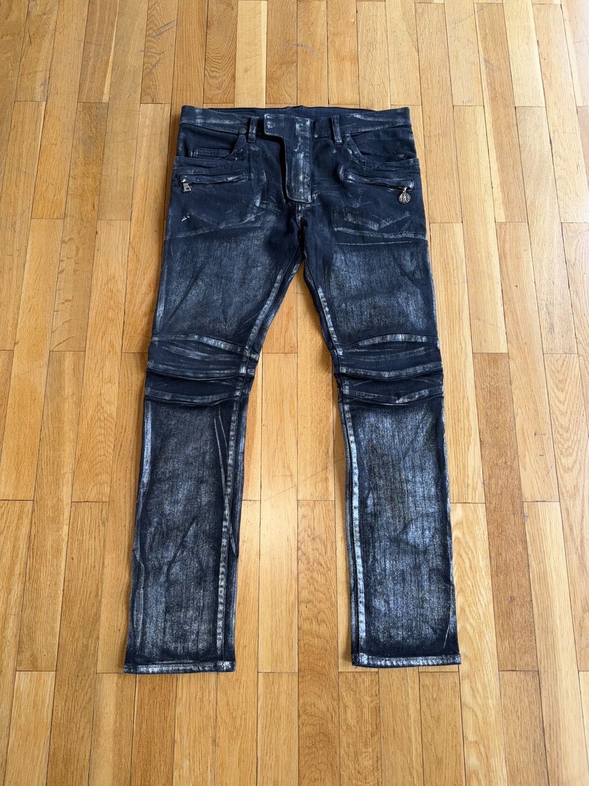 Balmain Balmain SS11 Decarnin Era Silver Glitter Waxed Biker Jeans Size US 31 - 1 Thumbnail