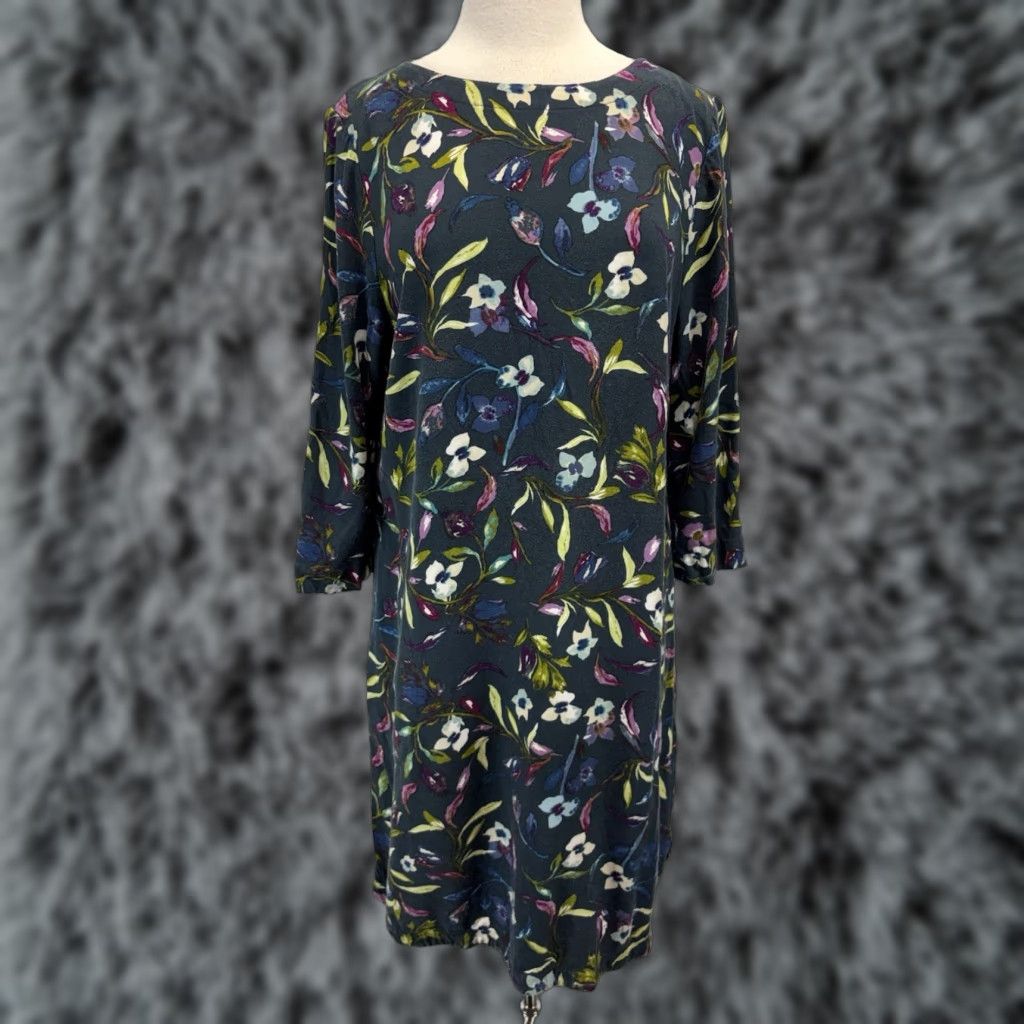 J. Jill J. Jill Floral Shift Dress L 3/4 Sleeve Rayon Pockets Navy Womens Casual Travel Comfort Pullover Short Dress Size L / US 10 / IT 46 - 1 Thumbnail