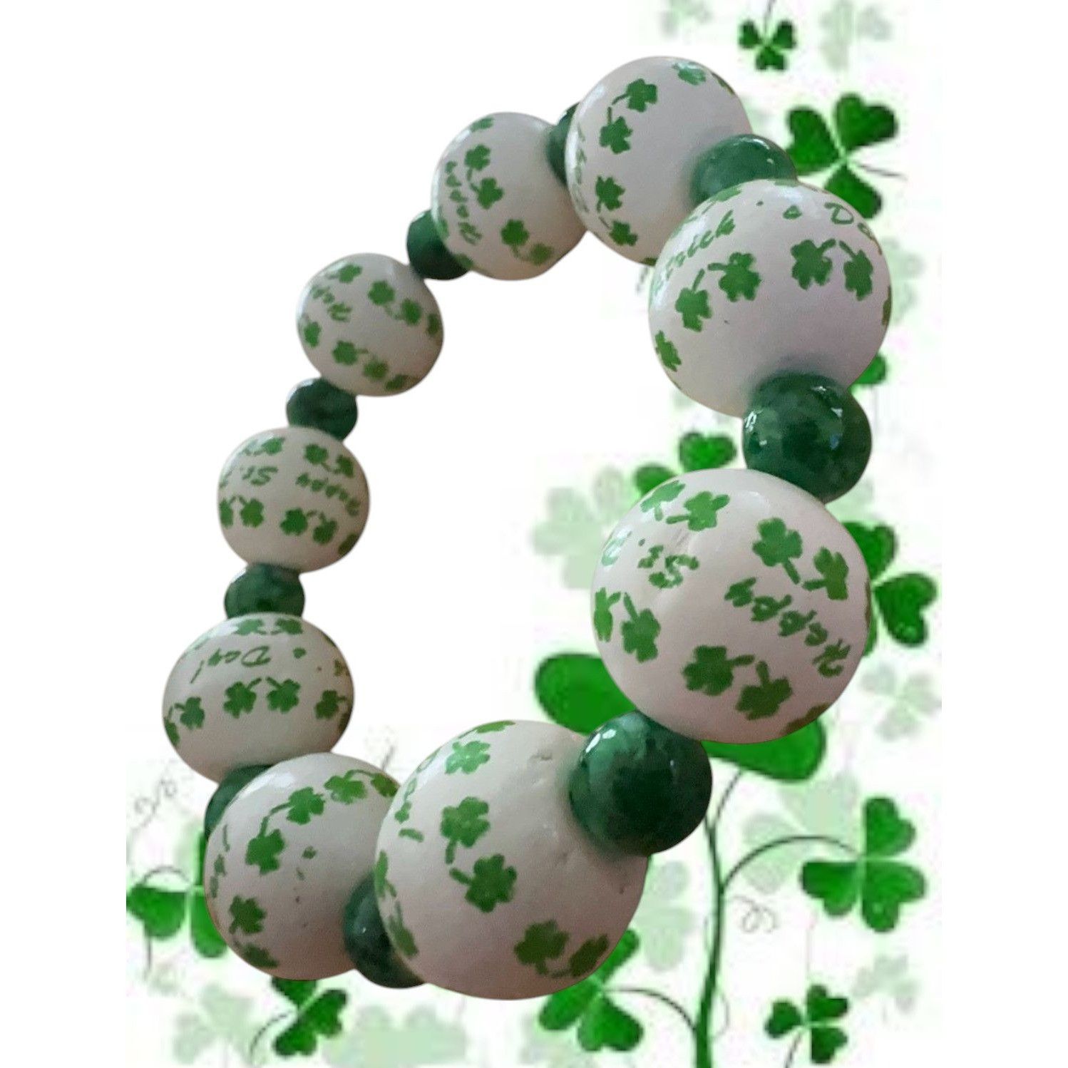 Handmade Happy St Patricks Day Shamrock Wood Beaded Stretch Bracelet Size ONE SIZE - 4 Thumbnail