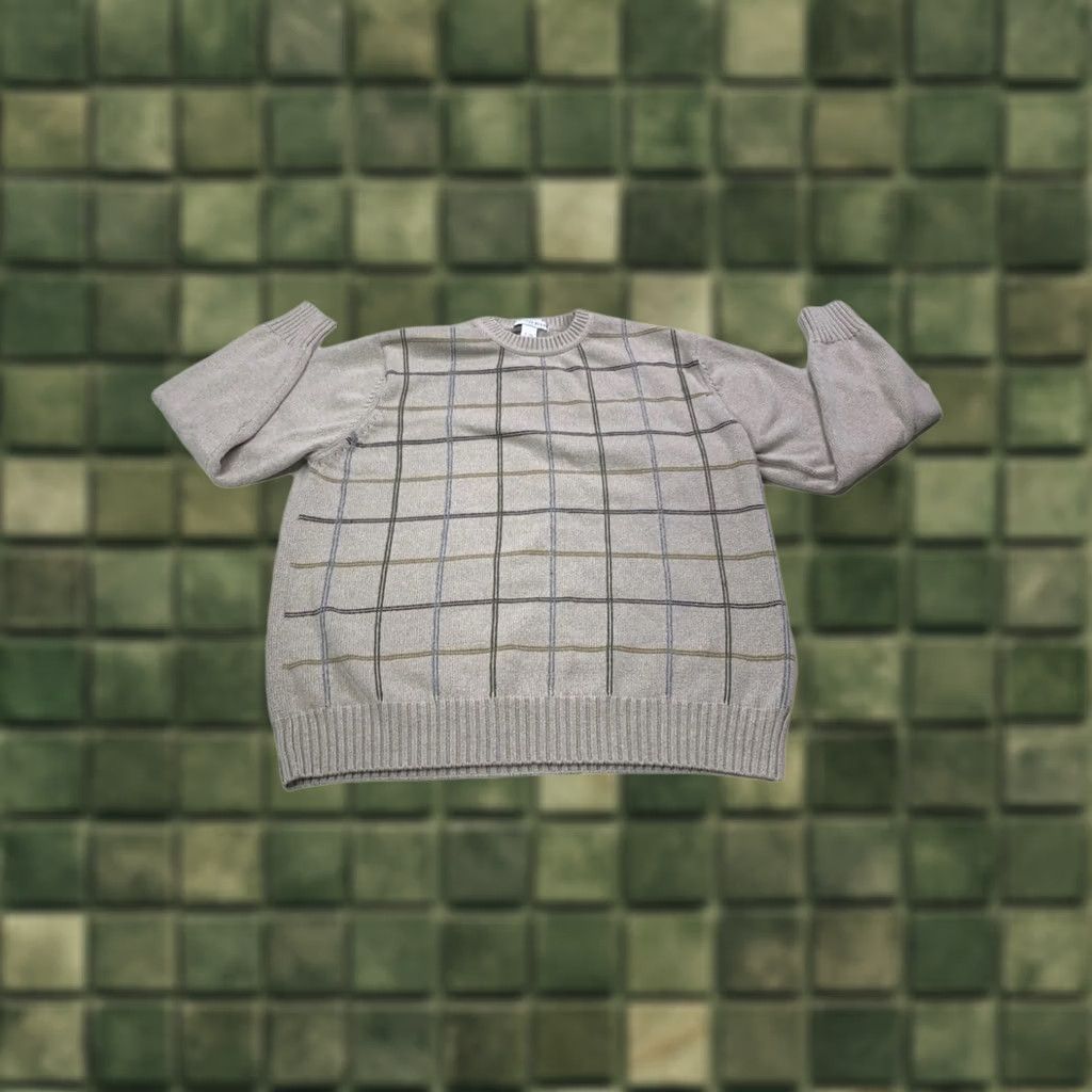 Geoffrey Beene VINTAGE Geoffrey Beene Mens XL Sweater Knit 100% Cotton Beige Crew Neck Long Sleeve Geometric Square Knit Pullover Casual Winter Size US XL / EU 56 / 4 - 1 Thumbnail