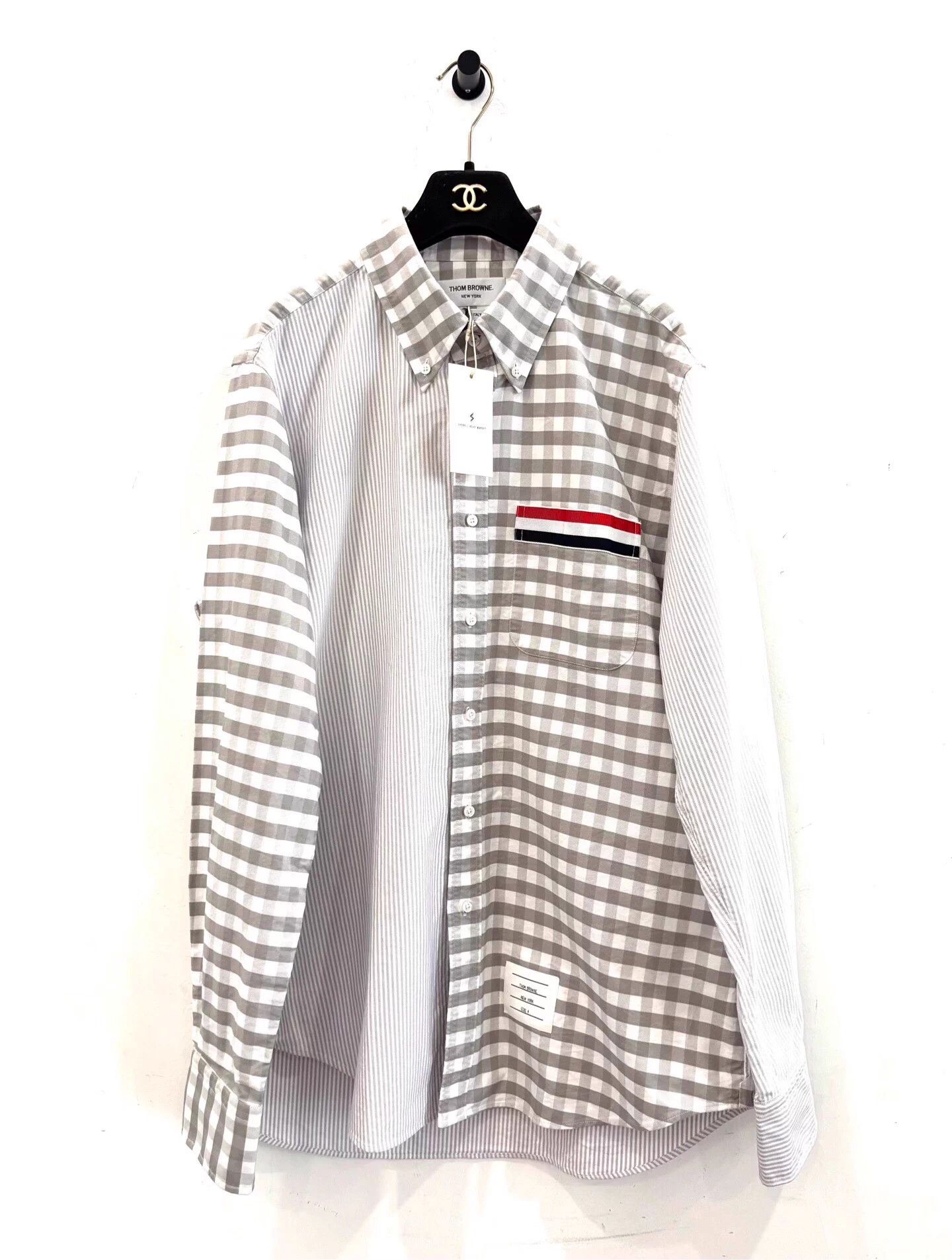 Thom Browne Thom Browne men's gray & white plaid stripe shirt 4 Size US XL / EU 56 / 4 - 1 Thumbnail