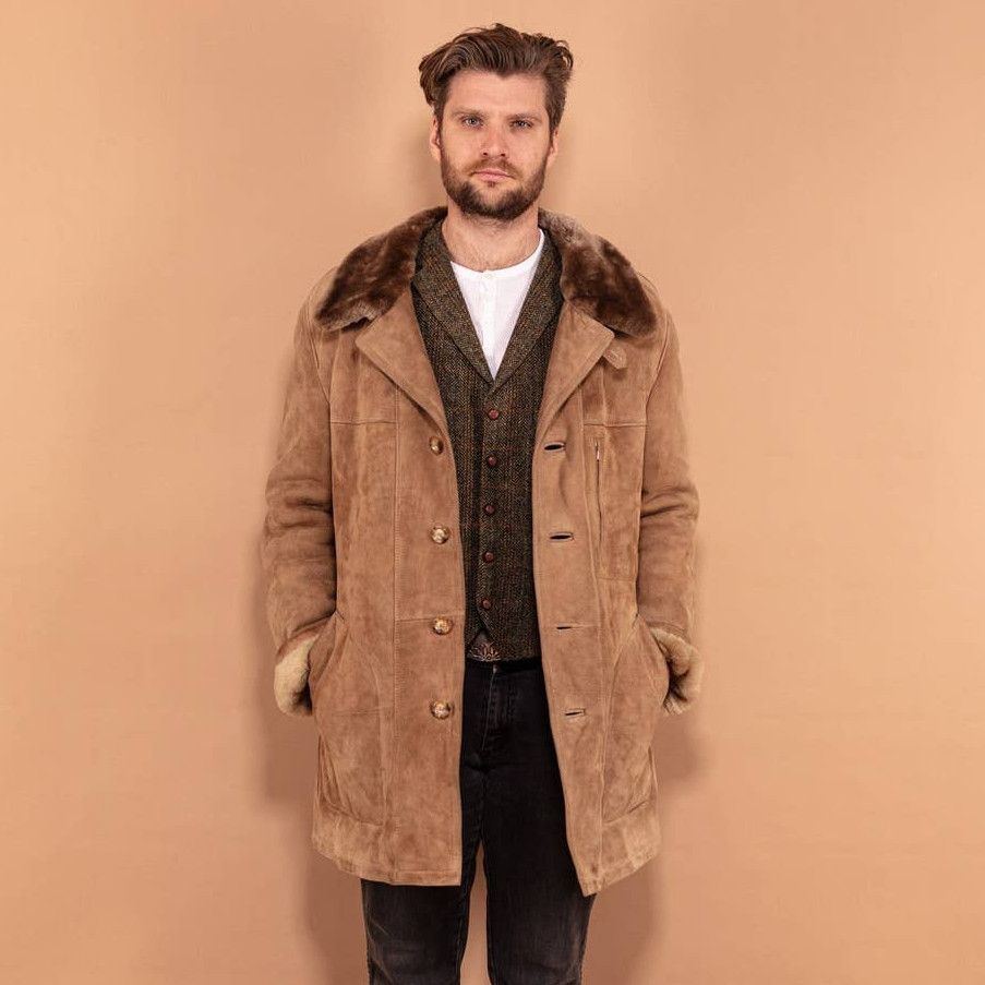 image of Sheepskin Coat Vintage 70's Men Sheepskin Suede Coat In Beige (Size Large)