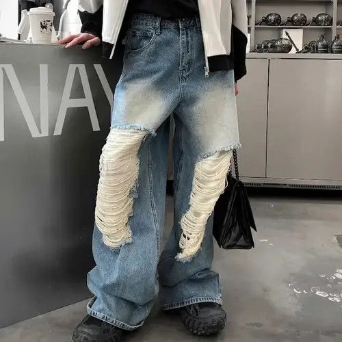 Jean Baggy distressed ripped wide leg y2k jeans Size US 34 / EU 50 - 1 Thumbnail