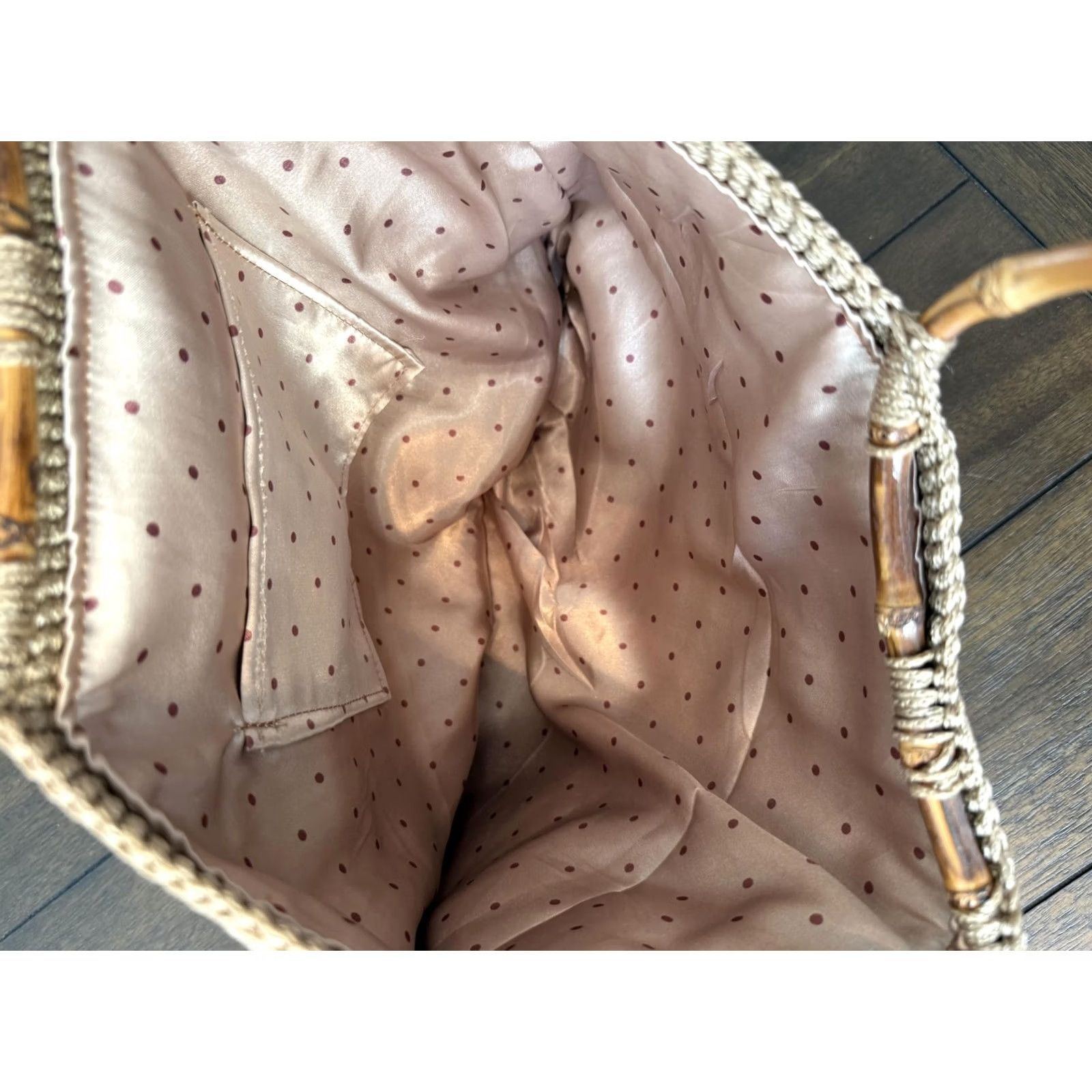 Vintage Woven Straw Handbag Womens Large Beige Bamboo Handle Purse Polka Dot Lined Summer Tote Bag Size ONE SIZE - 5 Thumbnail