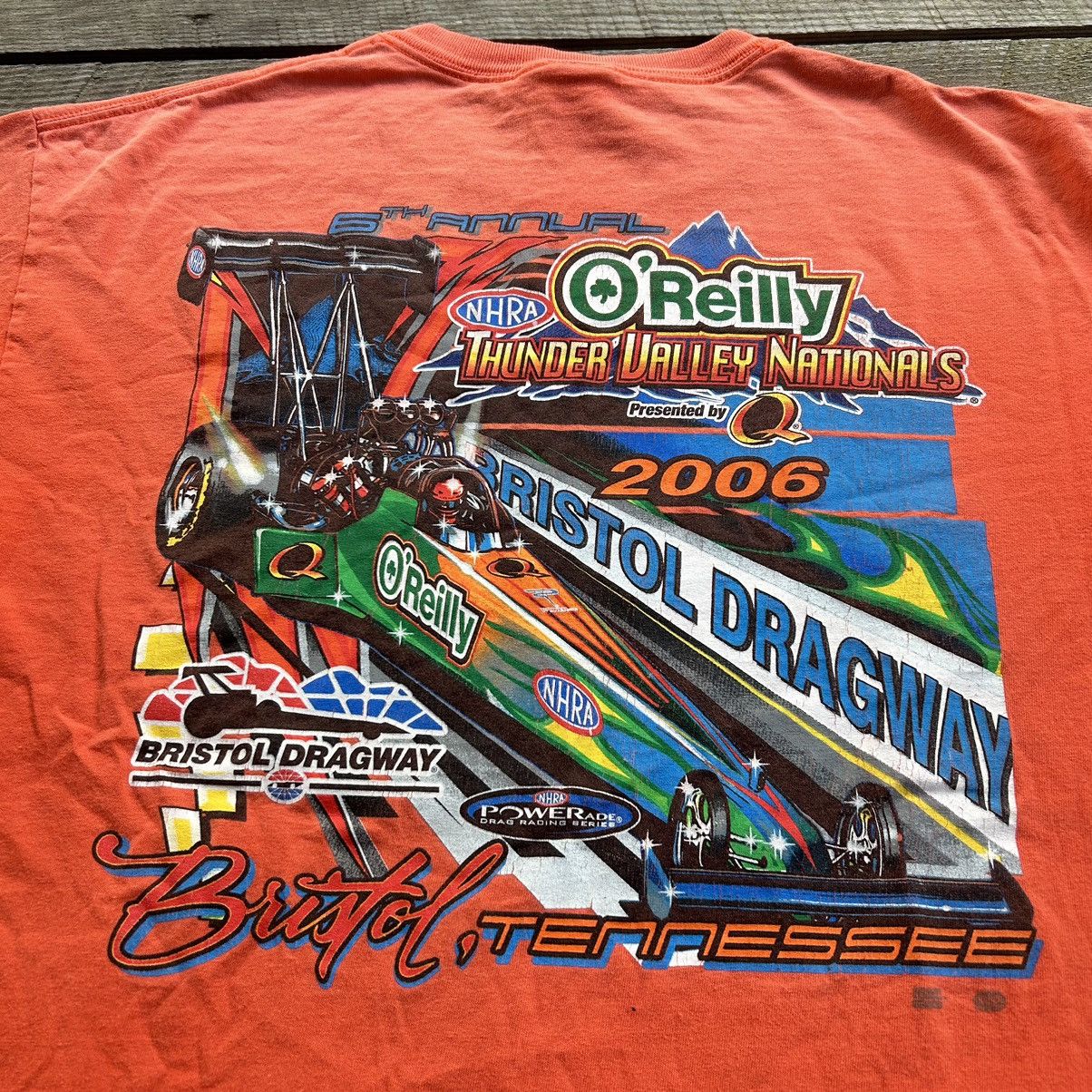 NASCAR × Vintage Vintage Sun Faded Orange NHRA Drag Racing Graphic T Shirt Size US XL / EU 56 / 4 - 2 Thumbnail