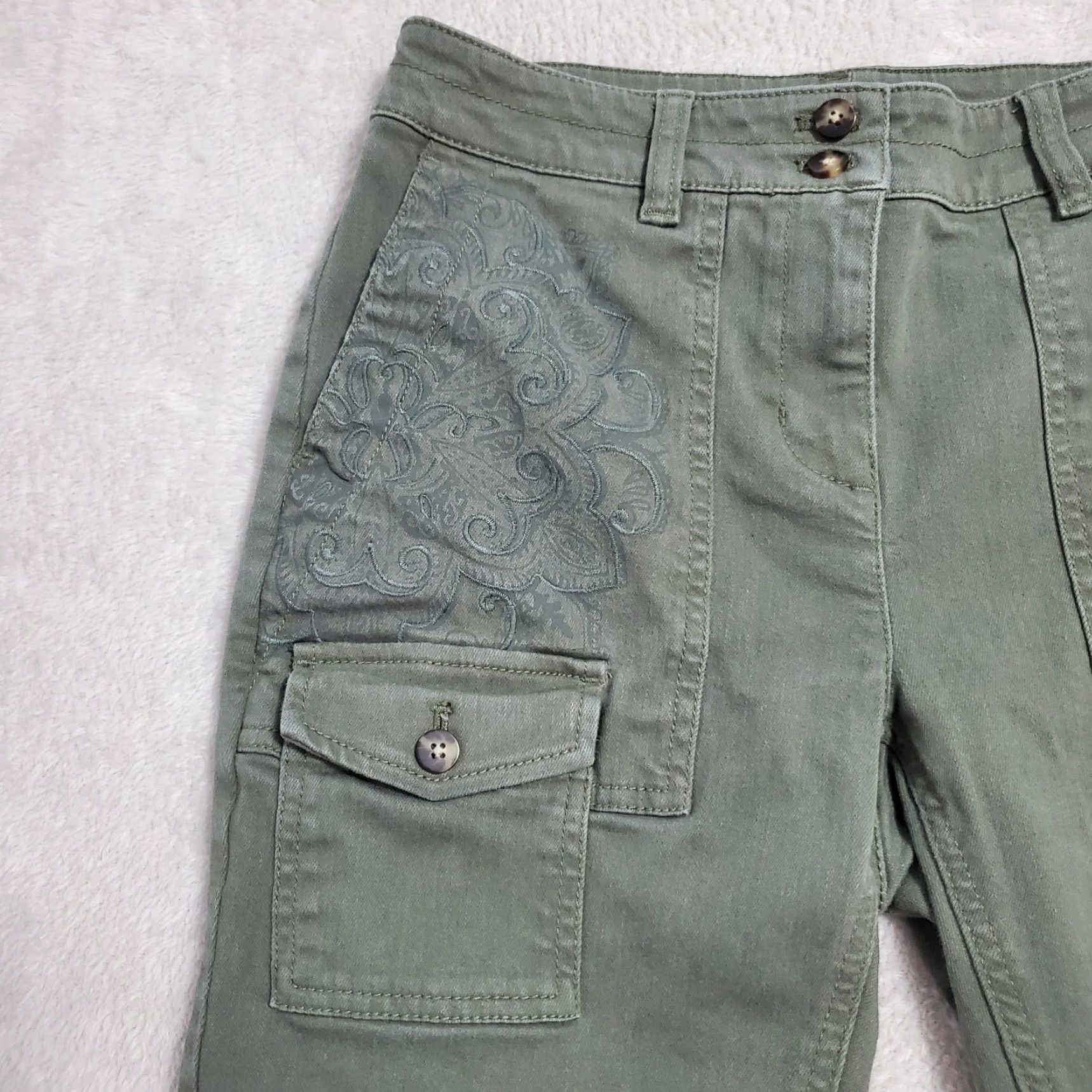 J. Jill VINTAGE J Jill Pants Women Petite 4 Olive Green Embroidered Mid Rise Skinny Cargo Jeans Girls Womens Size 27" / US 4 / IT 40 - 4 Thumbnail