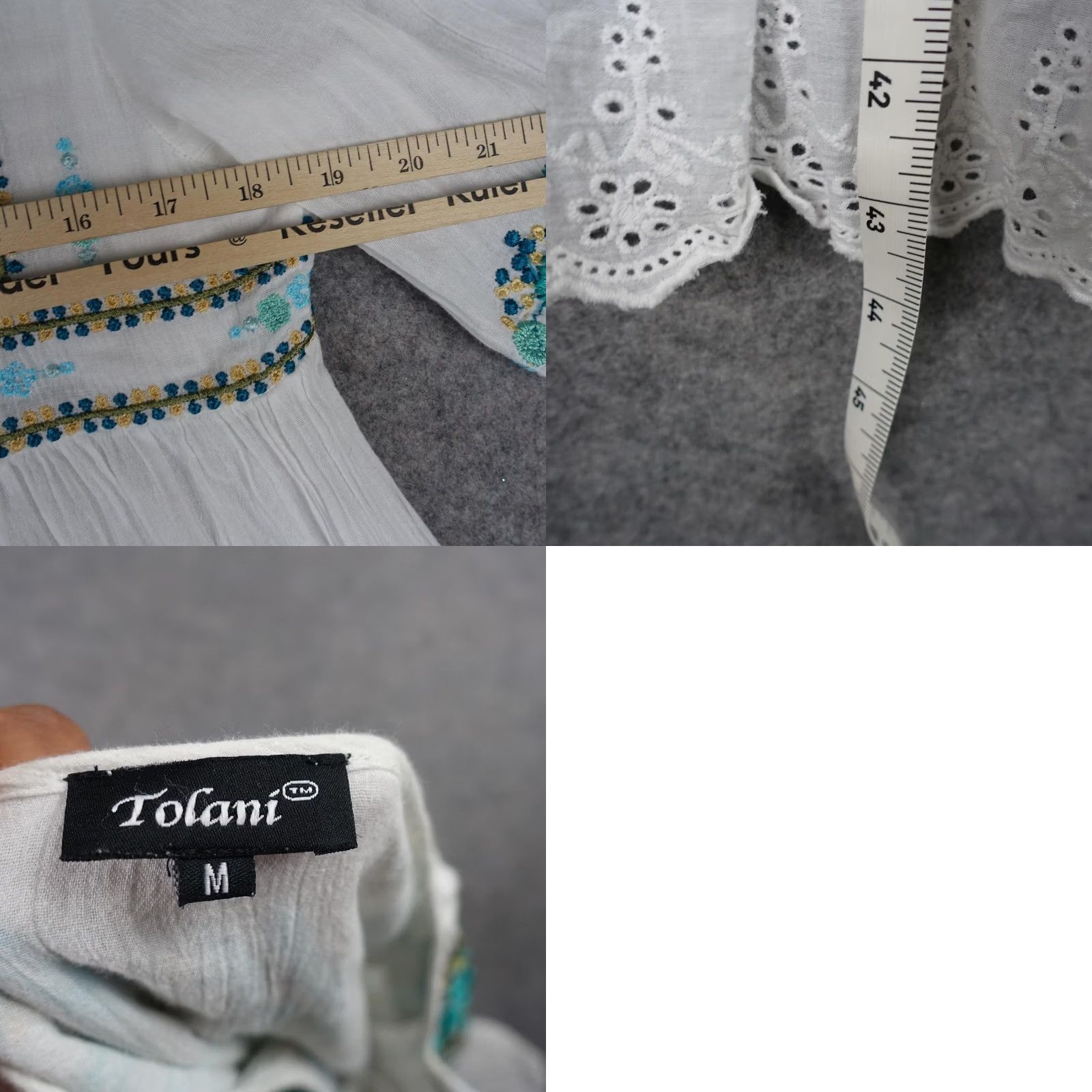 IOLANI Tolani Dress Womens Medium White Embroidered Floral Kaftan Puff Sleeve Midi VTG Size M / US 6-8 / IT 42-44 - 9 Thumbnail