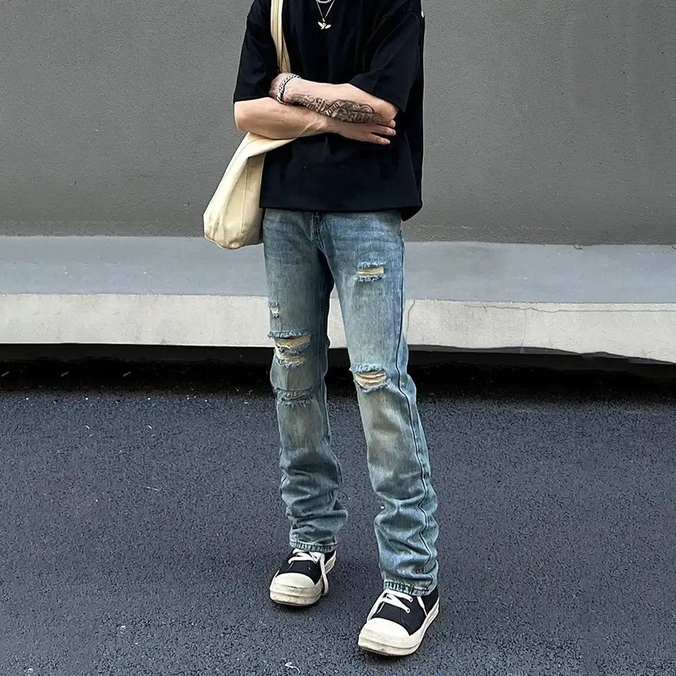Japanese Brand × Vintage Ripped Jeans Men Summer Slim Streetwear Blue Casual Fashion Size US 31 - 1 Thumbnail