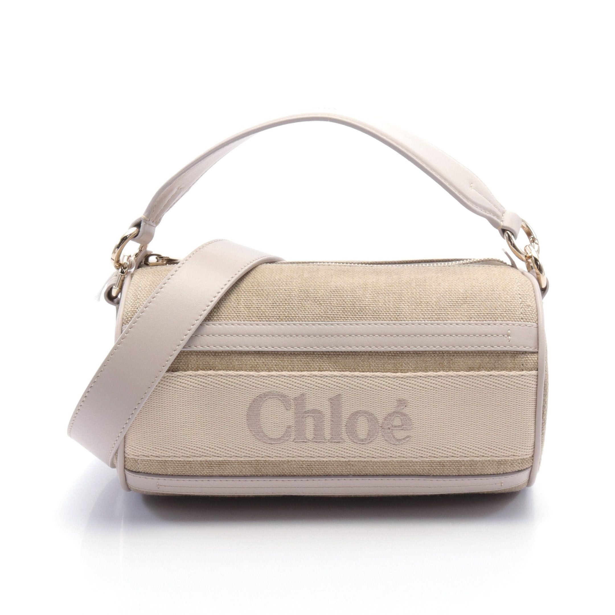 Chloe Woody Tube Handbag Linen Leather Beige Light Purple