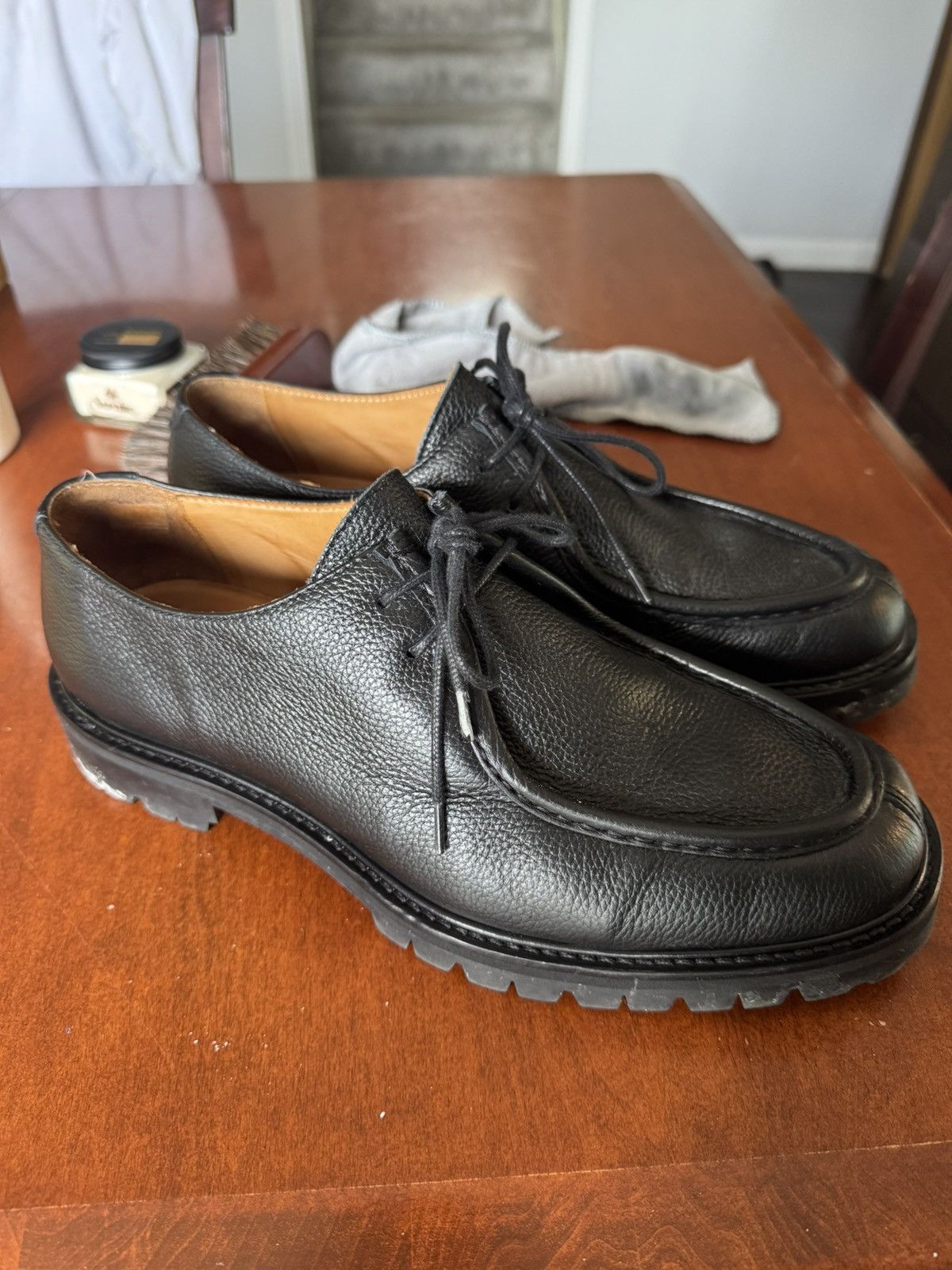 Mr P. Jacques Black Pebble Grain Derby Shoes Vibram Lug