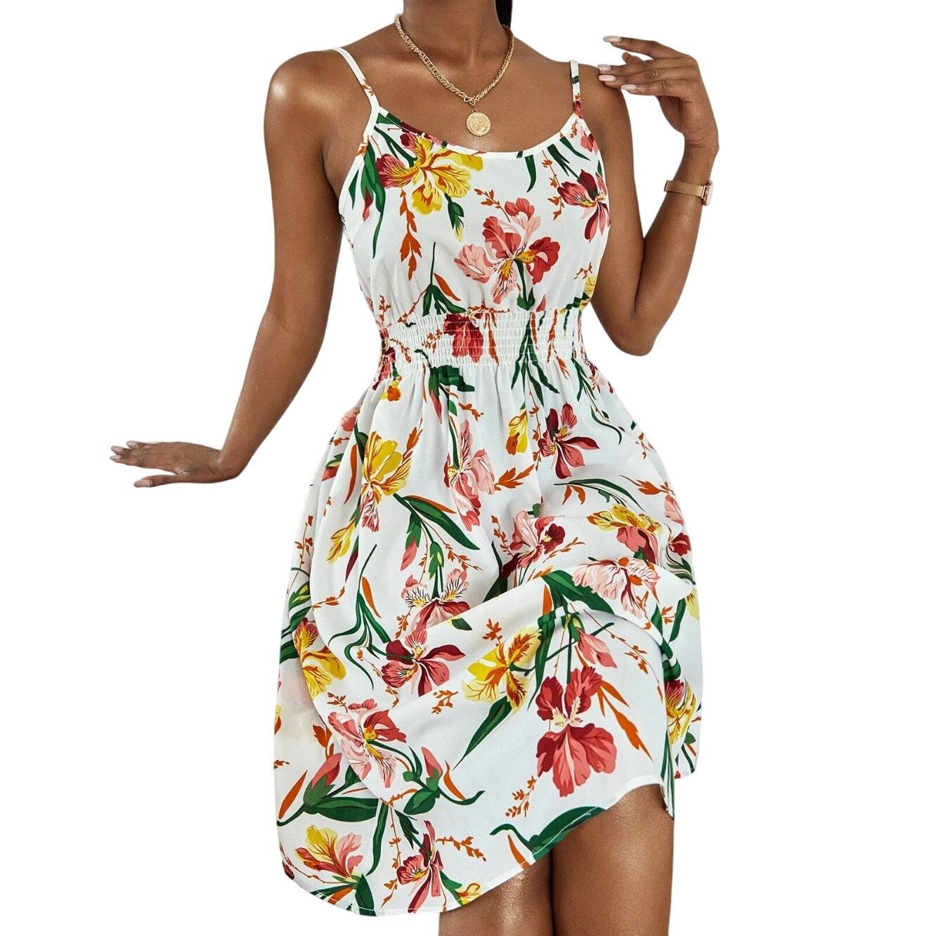 Shein Relaxiva Floral Print Shirred Cami Dress in White, Size M Size M / US 6-8 / IT 42-44 - 1 Thumbnail
