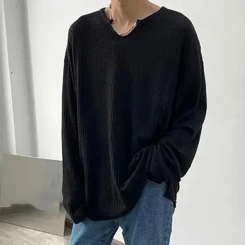 Korean fashion grey U neck long sleeve waffle top