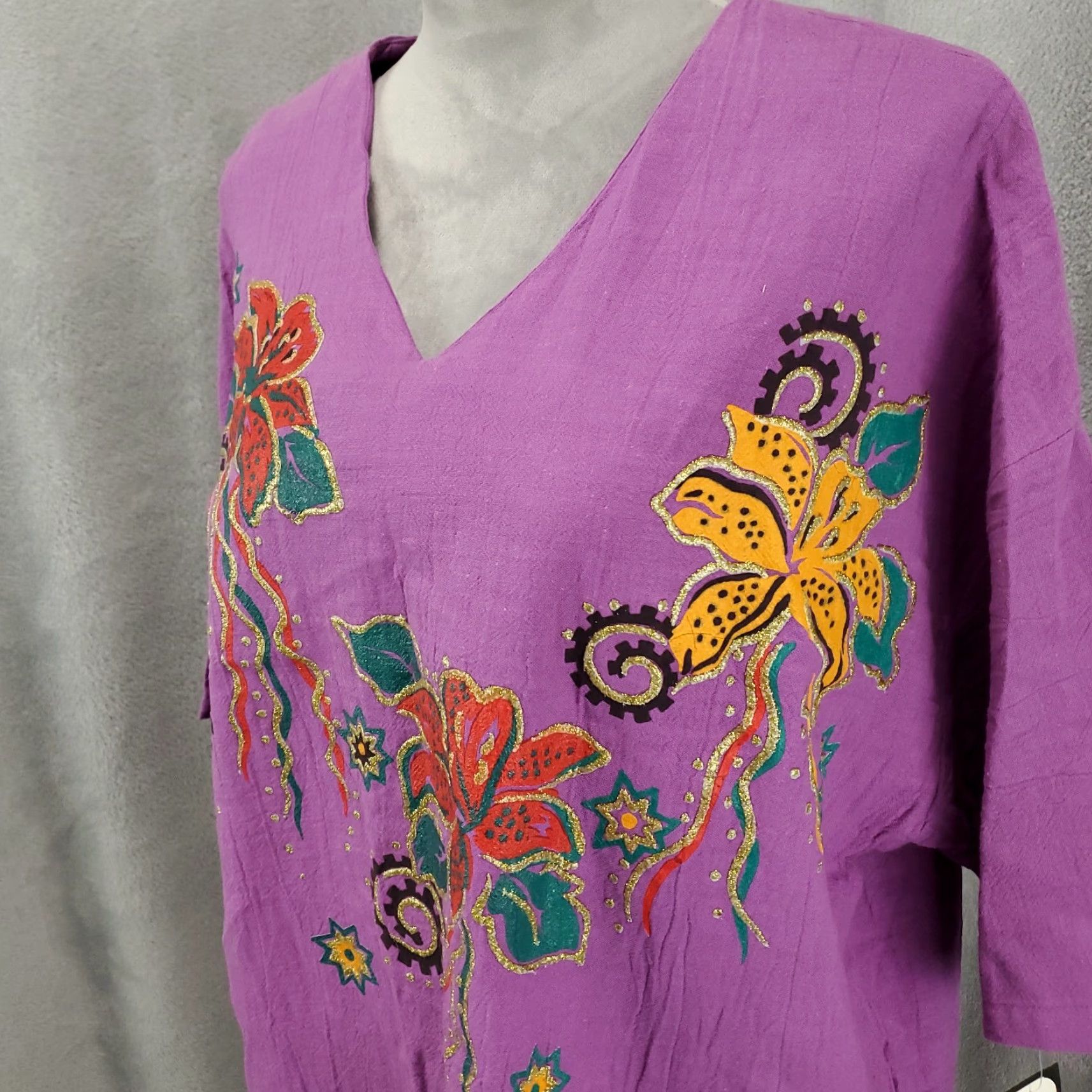 Haband VINTAGE Haband Shirt Womens M Purple 80s 90s Bohemian Retro Tunic Lace Glitter Short Sleeve V-Neck Pullover Cotton Size M / US 6-8 / IT 42-44 - 2 Thumbnail