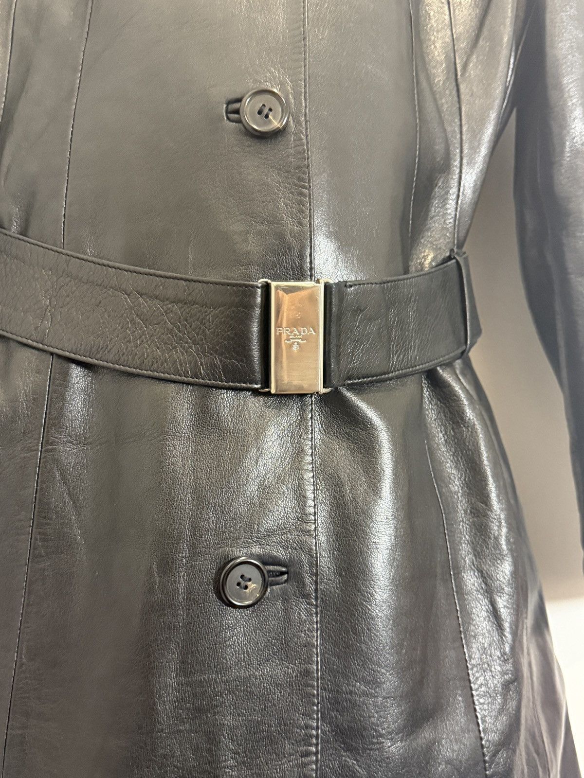 Prada 90’s Leather Belted Jacket Size S / US 4 / IT 40 - 2 Thumbnail