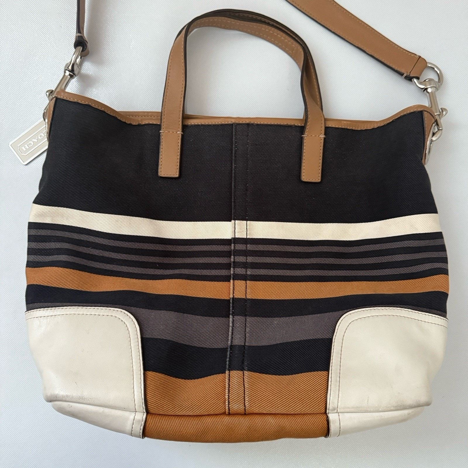 Coach Coach Hadley Tote Straps Striped Canvas Leather Travel Bag Size ONE SIZE - 5 Thumbnail