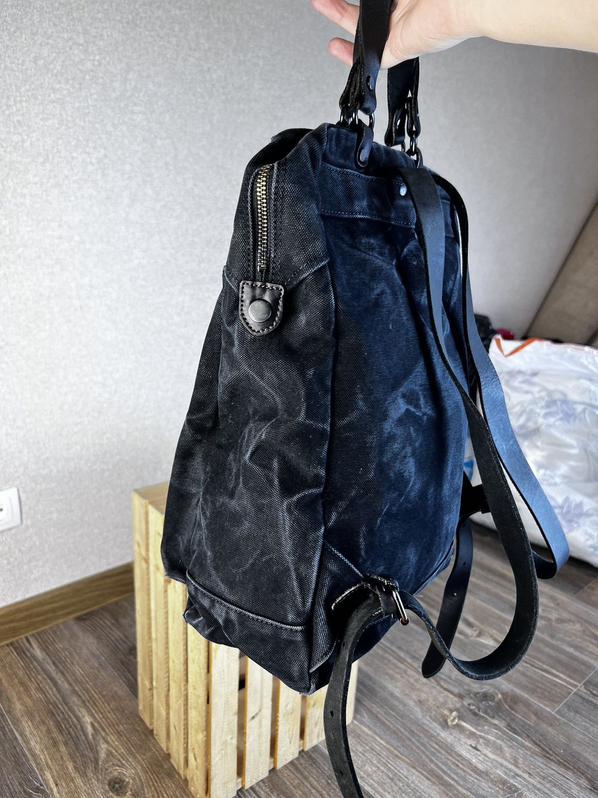 Japanese Brand × Vintage Japanese Baggy Port Black Smoked Denim Backpack Bag Size ONE SIZE - 3 Thumbnail