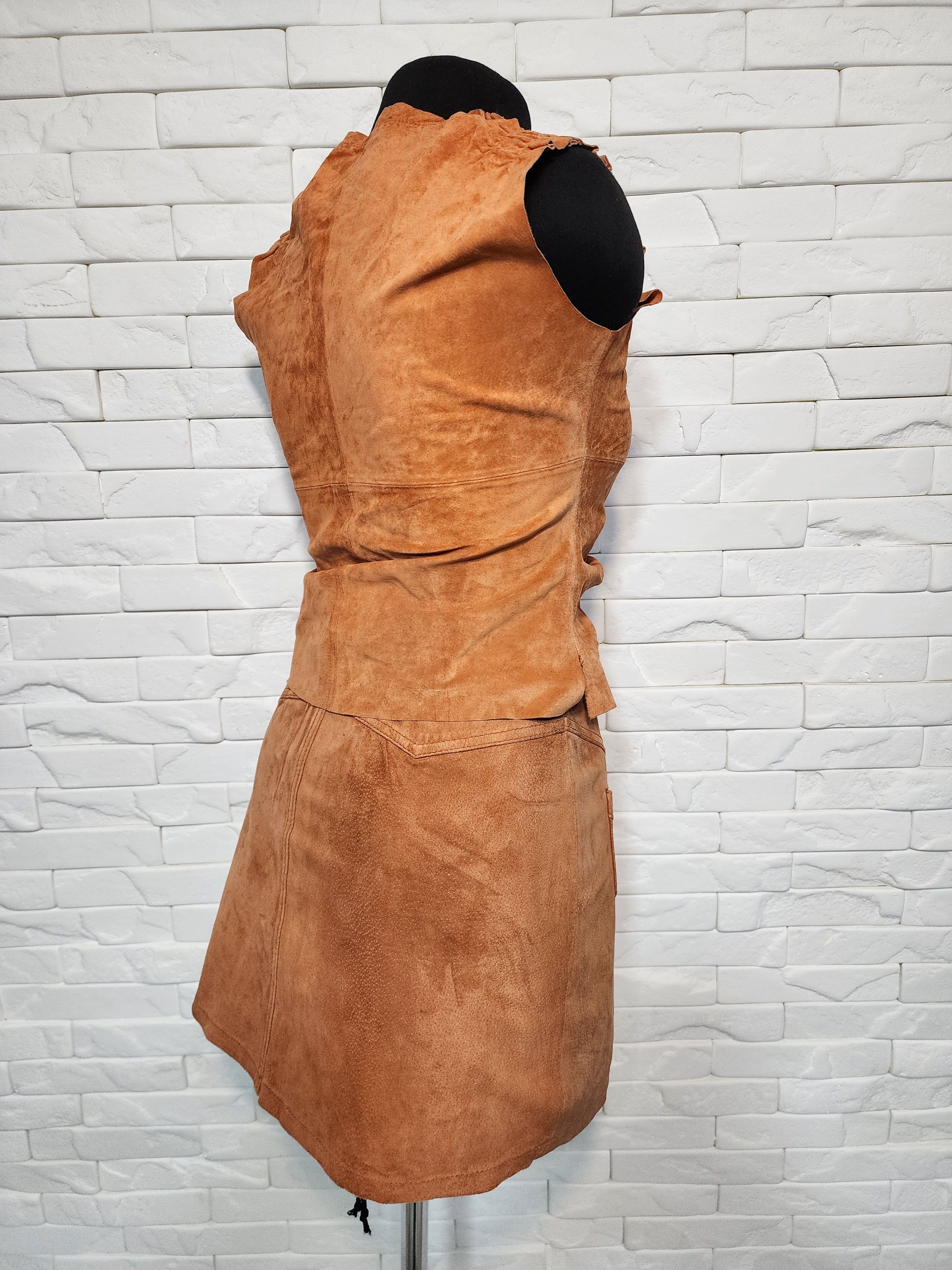 Genuine Leather Vintage Brown Leather Suit: Suede Vest & Skirt Size 29" - 4 Thumbnail