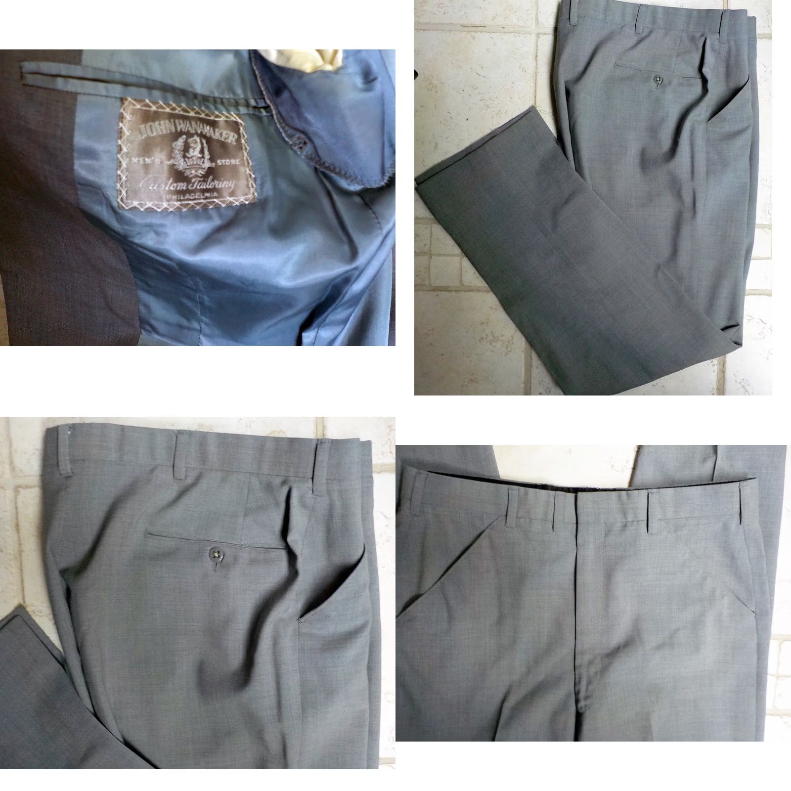 Vintage VINTAGE John Wannamaker 2 Button Suit Gray 38R Mens Slim Flat Front 32x29.5 Regular P2P 20" Double Back Vents Size 38R - 8 Thumbnail