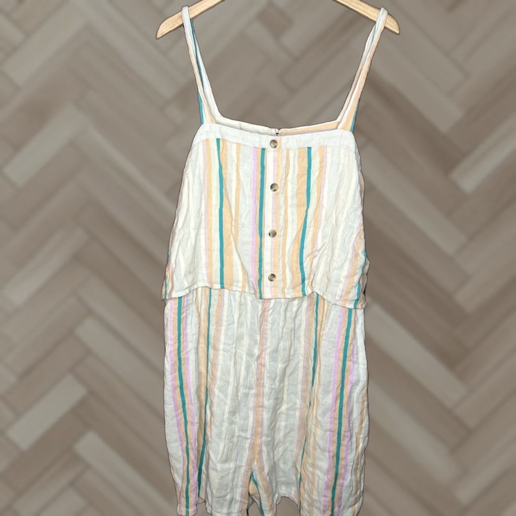 Vintage BP Womens Romper 4X Plus Size Square Neck 3/4 Sleeve Ivory Polka Dot Striped Classic Vintage No (BP) Size 40" / US 18 - 1 Thumbnail