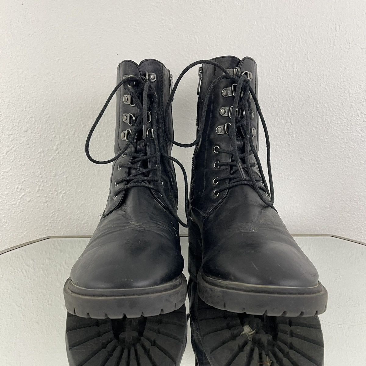 TORRID Black Dark Grey Faux Leather Metal Heel Combat Boots