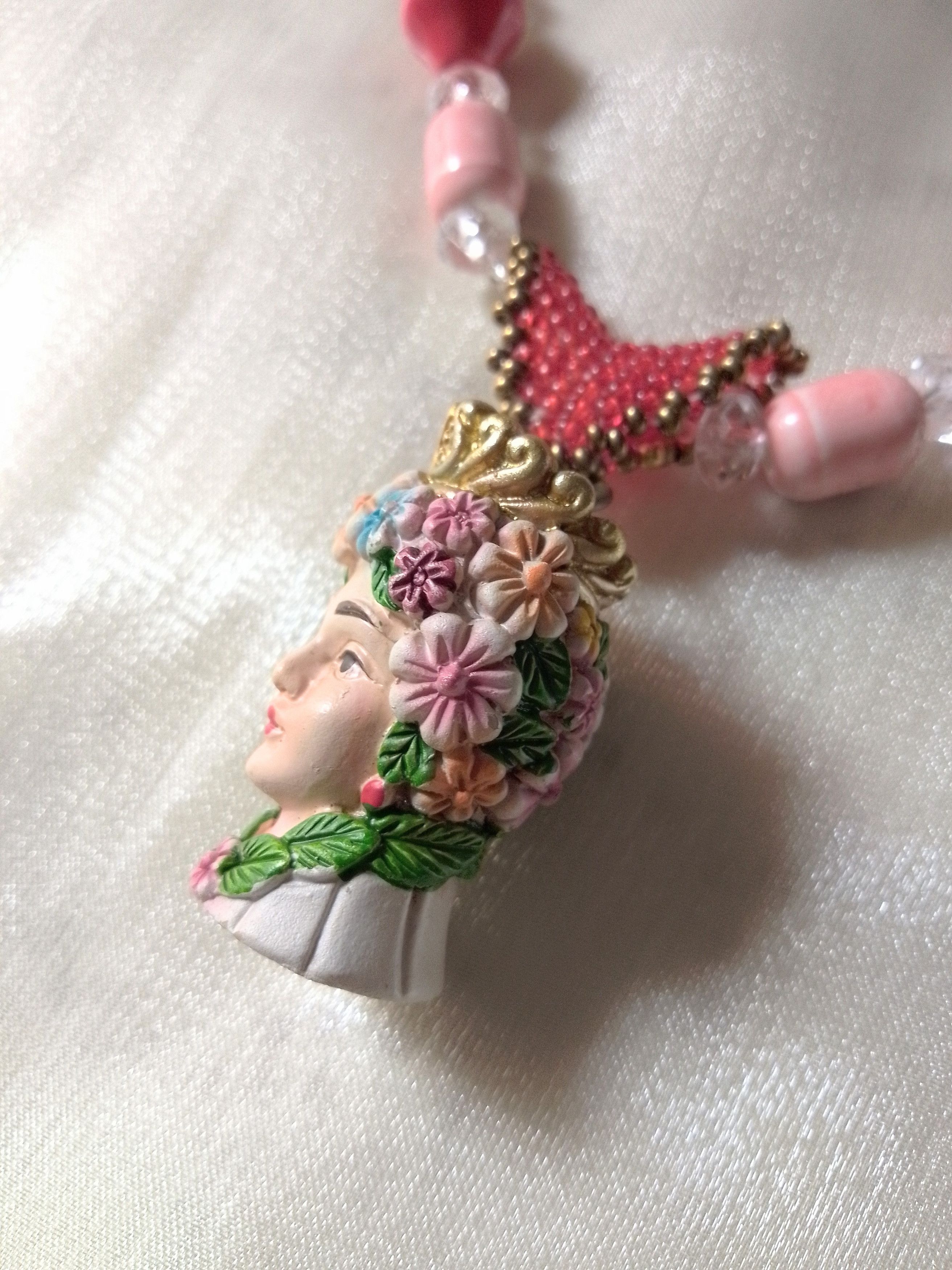 Handmade Long Sicilian Necklace with Head of Moor pendant Ceramics Size ONE SIZE - 2 Thumbnail