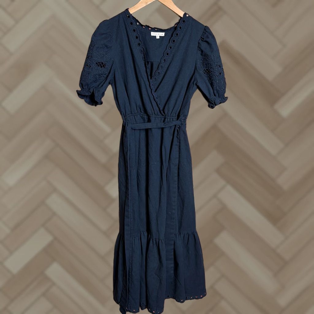 Vintage Moon River Maxi Sundress Womens Medium Linen Blend Navy Blue Floral Lined Lightweight Straps Viscose Linen Polyester Blue Spring Summer Casual Dress Size M / US 6-8 / IT 42-44 - 1 Thumbnail