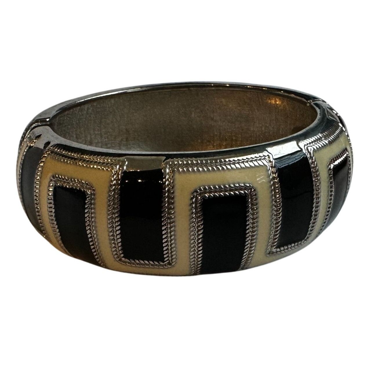 Vintage Vintage Silver & Black Geometric Enamel Bangle Bracelet With Size ONE SIZE - 5 Thumbnail