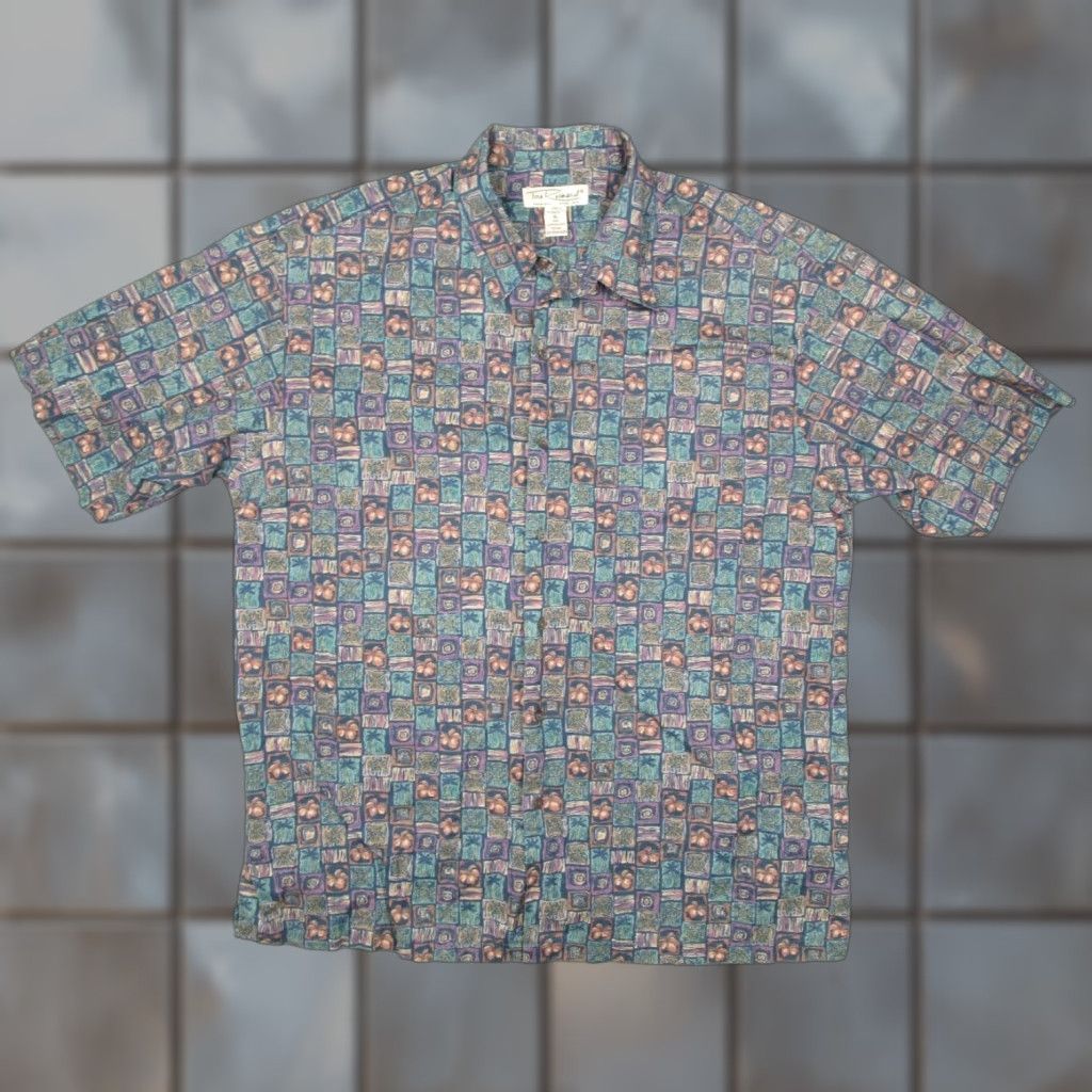 Tori Richard Tori Richard Shirt Men Extra Large Green Button-Up Hawaiian Cotton Lawn Short Sleeve Geometric 60s 70s USA Mens XL Green Cotton Lawn Button-Up Shirt Size US XL / EU 56 / 4 - 1 Thumbnail