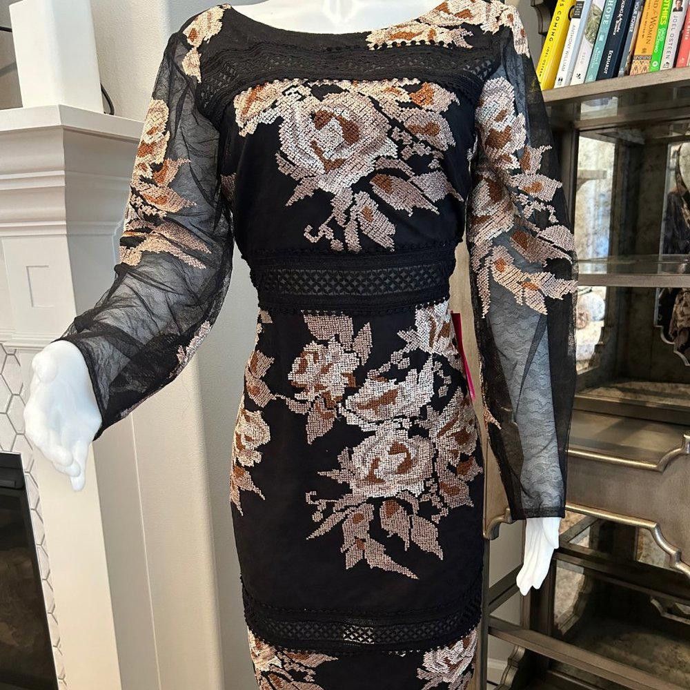 Designer Belle Badley Mischka Floral Sheer Sleeves Dress Size L / US 10 / IT 46 - 2 Thumbnail