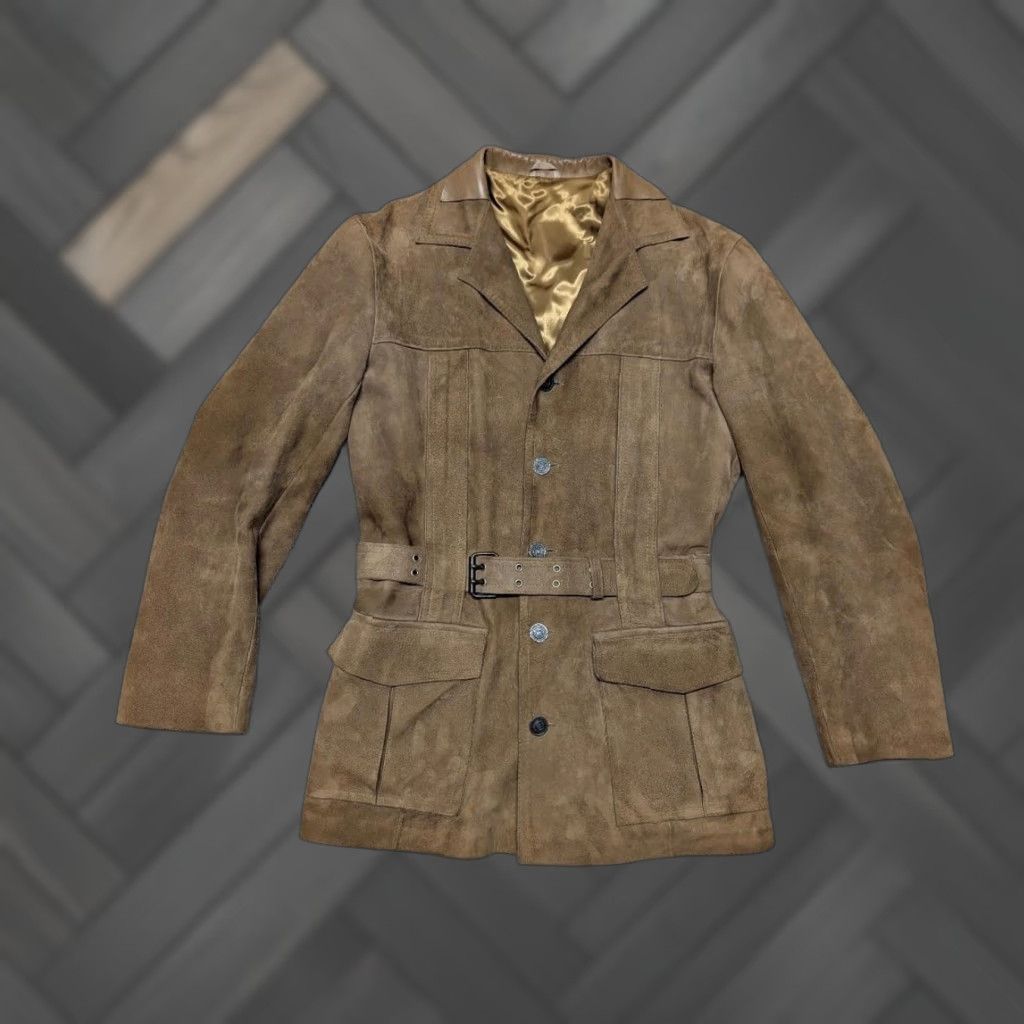 Vintage VINTAGE Aleksanders SUEDE leather BELTED overcoat 40 brown NORFOLK deerskin? SHERLOCK jacket Mens M Brown Suede Coat Size US M / EU 48-50 / 2 - 1 Thumbnail