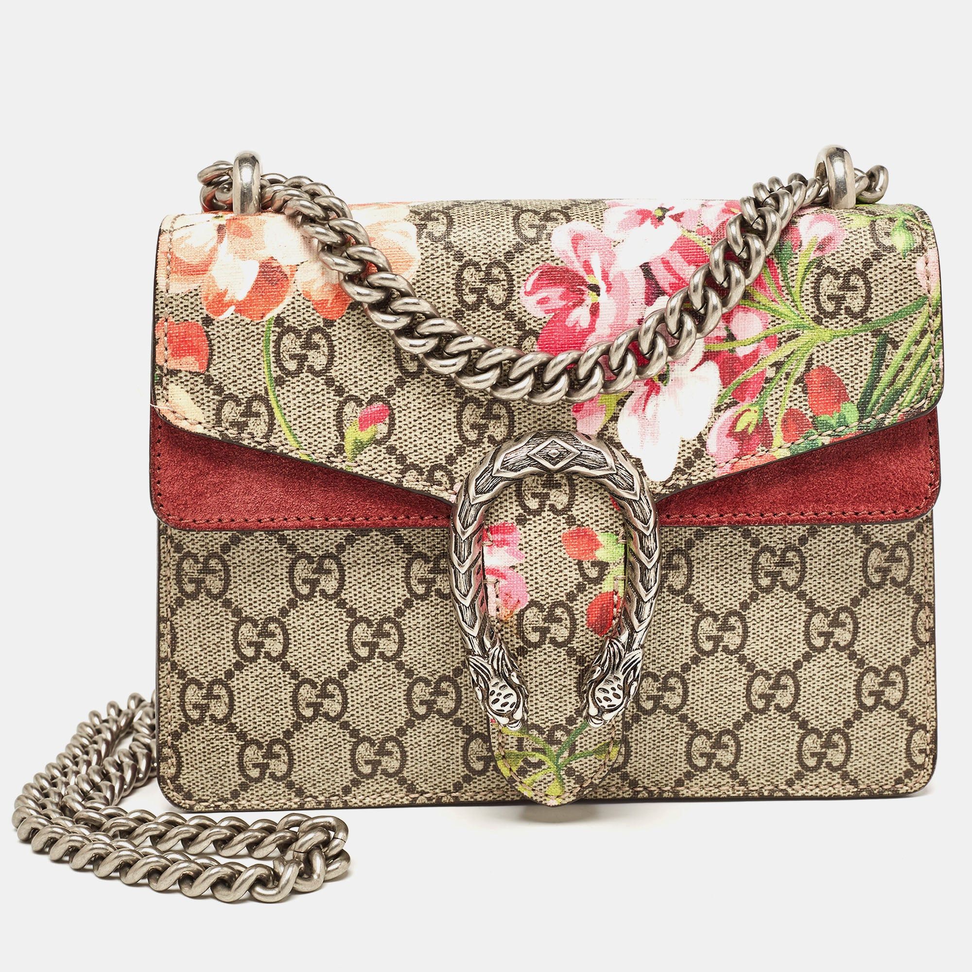 image of Gucci Burgundy/beige GG Supreme Canvas And Suede Mini Blooms Dionysus Shoulder Bag in Red, Women's