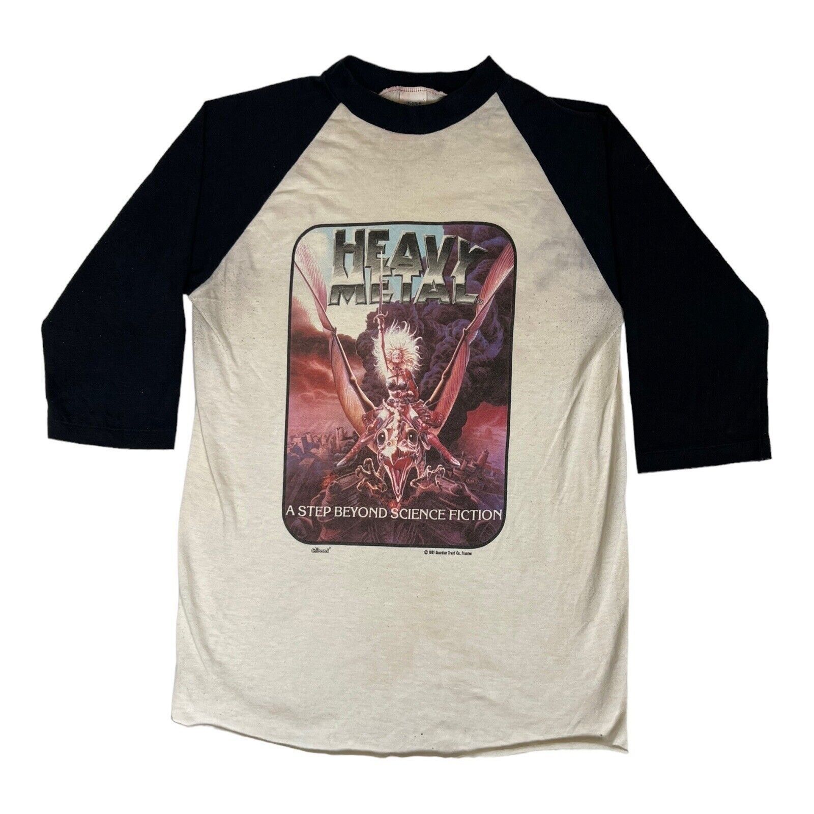 image of Vintage 80's Heavy Metal Movie Promo Raglan Shirt Size Medium in White, Men's