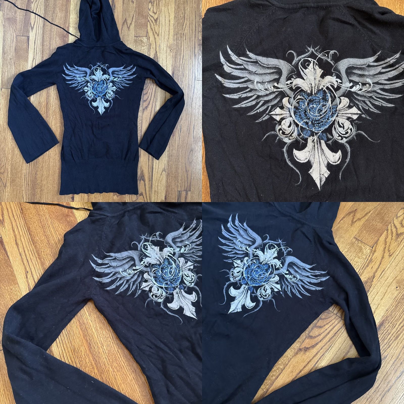 Affliction VINTAGE Sinful Affliction Hoodie Sweatshirt Cross Knit Black Sz S Womens Bell Sleeve Pullover Size S / US 4 / IT 40 - 8 Thumbnail