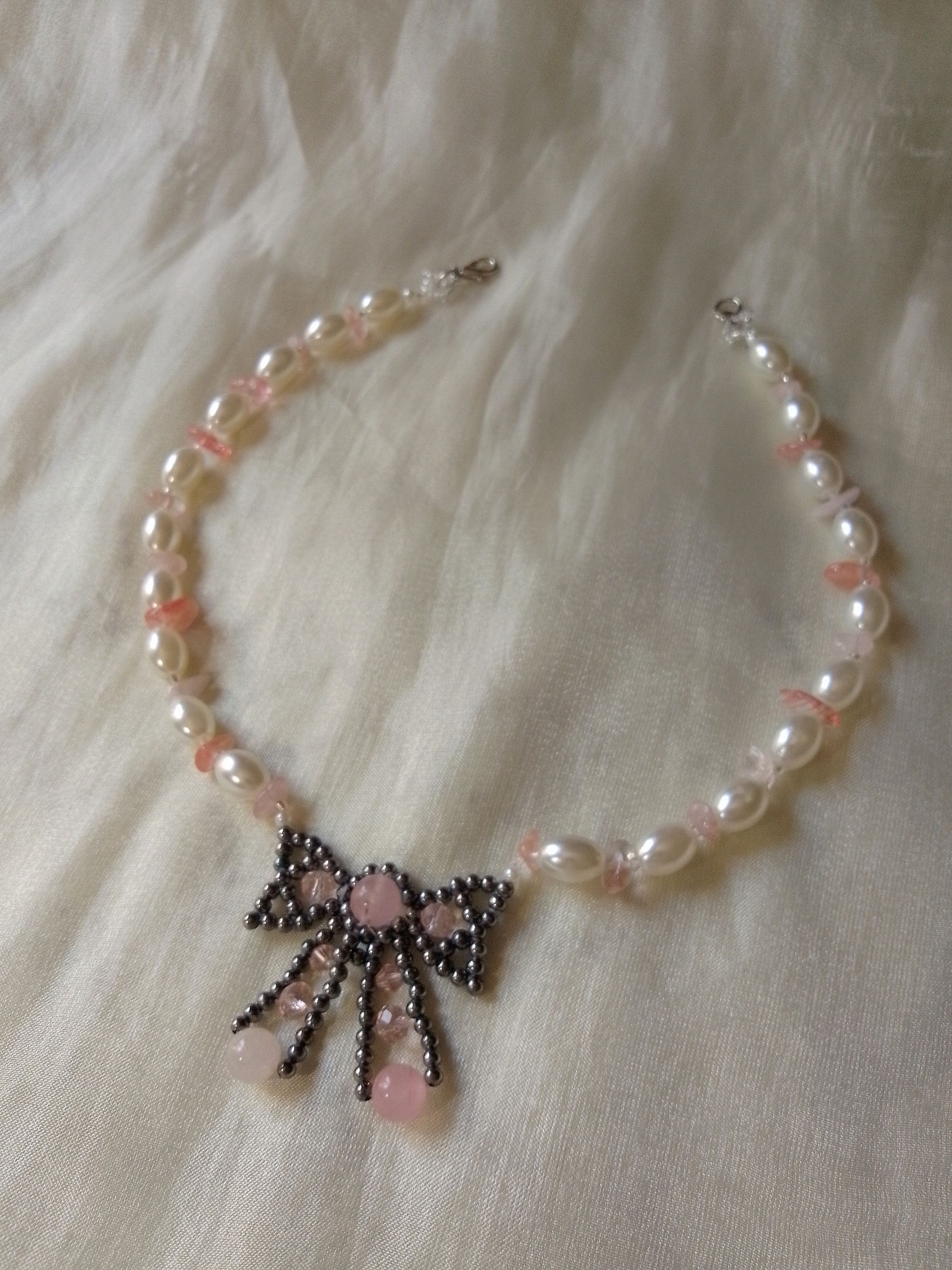 Handmade Bow necklace with natural rose with gemstones& pearls Size ONE SIZE - 3 Thumbnail