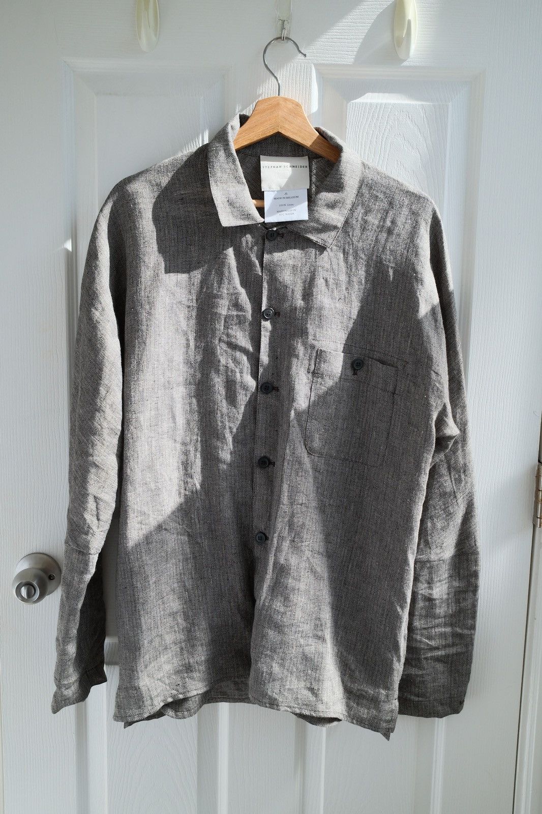 image of Stephan Schneider Gray Taupe Striped Linen Shirt Jacket in Grey, Men's (Size Medium)