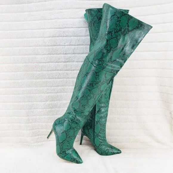 Other Brand New Bad Girlz Green Snake Wide Top Thigh High Heel Boo Size US 8 / IT 38 - 2 Thumbnail