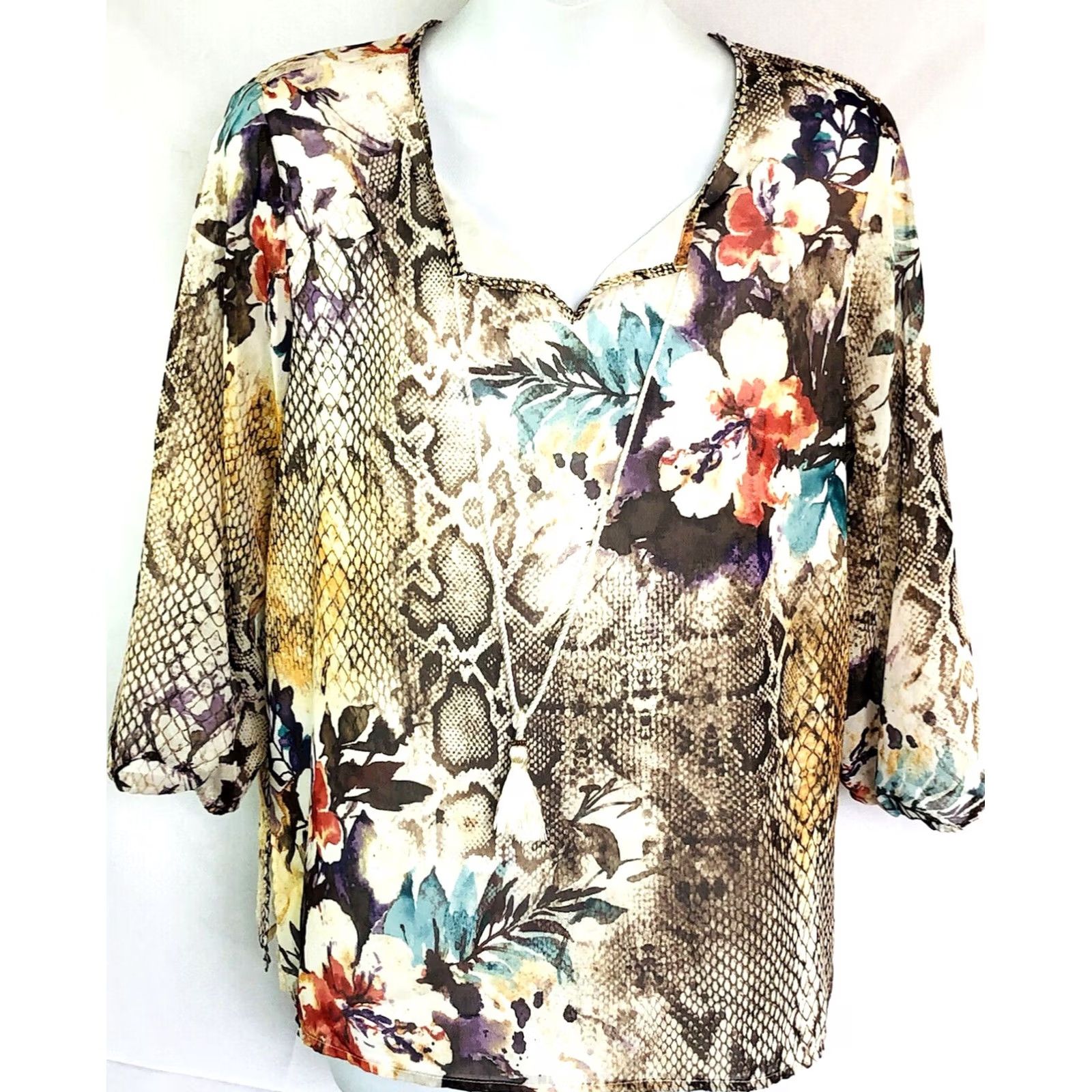Vintage Alfred Dunner Top Blouse 8P Multi Floral/Snake Print 3/4 Sleeve Casual Polyester Chiffon Size M / US 6-8 / IT 42-44 - 2 Thumbnail