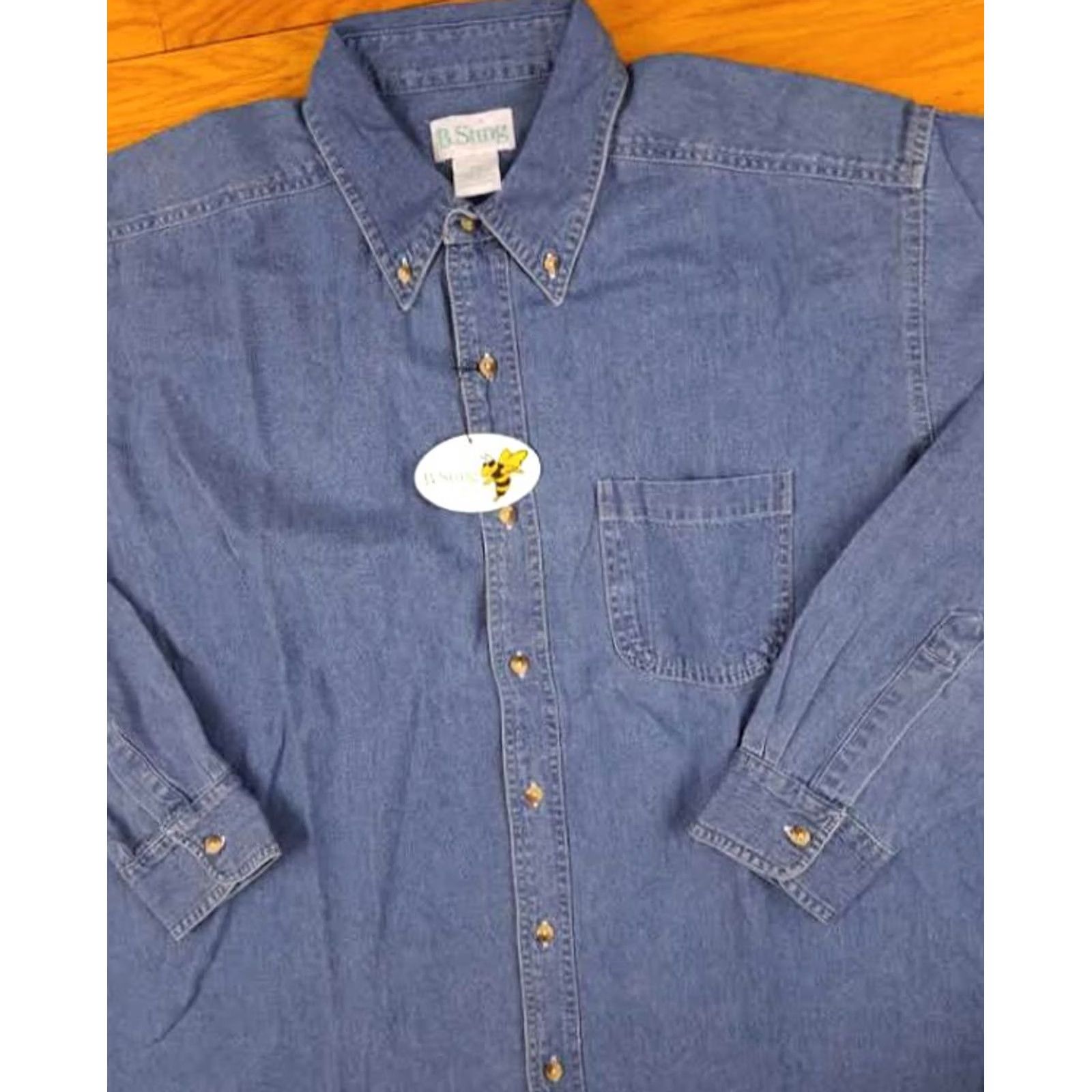 Vintage B-Sting Button-Up Shirt Denim Cotton 2XL Blue NWT Regular Long Sleeve Button-Down Pockets Men Outdoor Fun Jeans Style Size US XXL / EU 58 / 5 - 3 Thumbnail