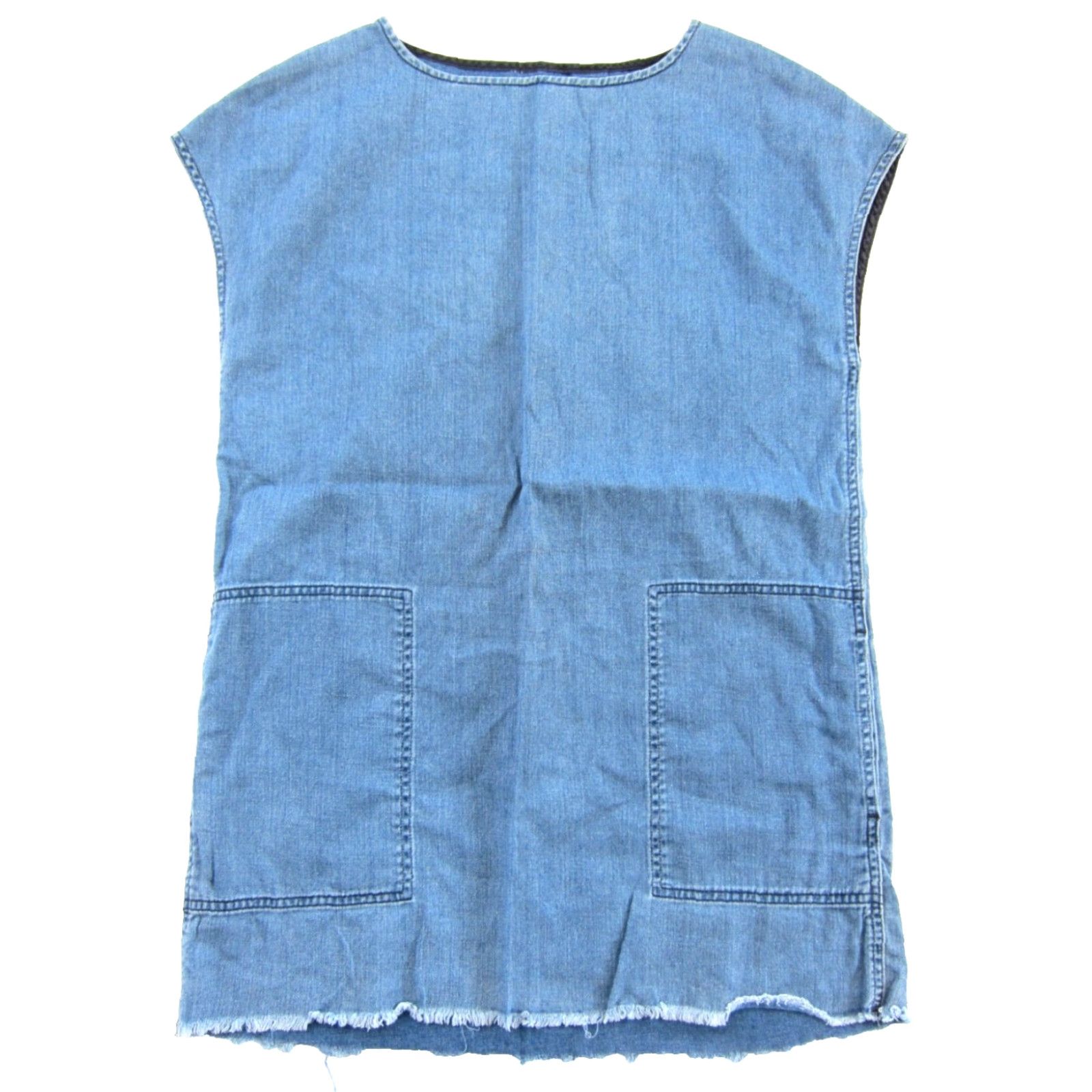 Vintage Wilfred Free Blue Denim Jean Cap Sleeve Pocket Raw Edge Mini Dress Medium Size 32" / US 10 / IT 46 - 2 Thumbnail